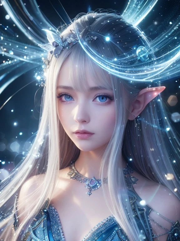 (Best quality, 4k, High-resolution, Masterpiece:1.2), Ultra-detailed, Realistic, Radiant lighting, Epoch Elves,Silver Hair, Dodger Blue Eyes, Portraits, Fantastical colors, Fine art, Ethereal beings, Dreamlike, Whimsical creatures, Detailed facial features, Glowing eyes, Elven beauties, Ethereal glow, Mythical creatures, Harmonious composition, Dazzling colors, Stunning visual effects, Otherworldly appearance, Mesmerizing artistry, 