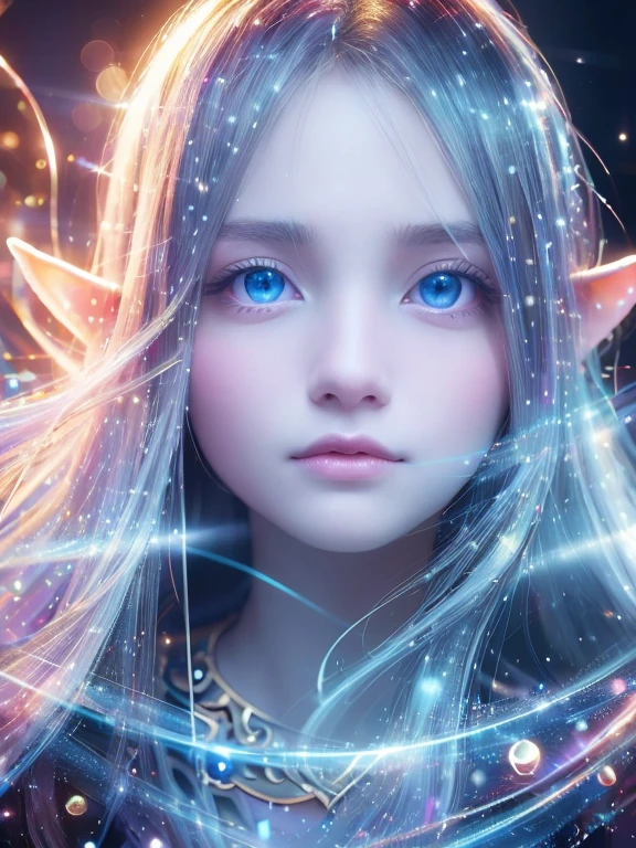 (Best quality, 4k, High-resolution, Masterpiece:1.2), Ultra-detailed, Realistic, Radiant lighting, Epoch Elves,Silver Hair, Dodger Blue Eyes, Portraits, Fantastical colors, Fine art, Ethereal beings, Dreamlike, Whimsical creatures, Detailed facial features, Glowing eyes, Elven beauties, Ethereal glow, Mythical creatures, Harmonious composition, Dazzling colors, Stunning visual effects, Otherworldly appearance, Mesmerizing artistry, 