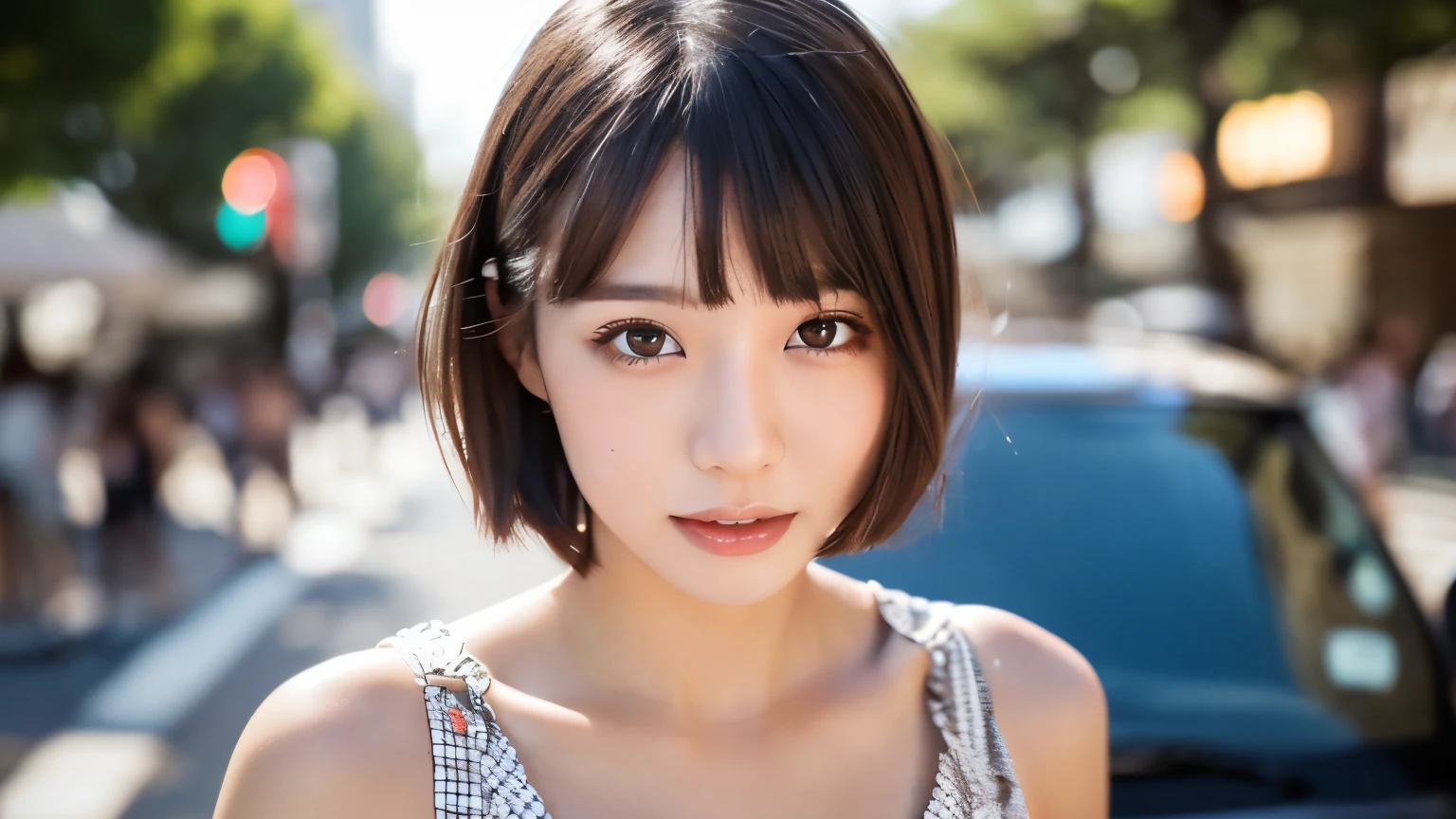 ((Perfect Anatomy:1.5,Realistic:1.3,RAW Photos:1.3,masterpiece、highest quality、Ultra - High resolution、High resolution、Detailed CG、8k)),Cowboy Shot,1 female,alone,Dancer,18-year-old、High school girl beautiful girl,Japanese,((Beautiful and exquisite face and eyes:1.2,Big and beautiful eyes:1.2,Grey Eyes)),Dark brown hair,Short Bob Hair,bangs,Medium chest,Slender body,Small Head:1.3,skinny,(Oily skin,Glowing Skin,Shiny skin、Sweat),、Checkered pleated mini skirt,on the road,Harajuku、Tokyo、