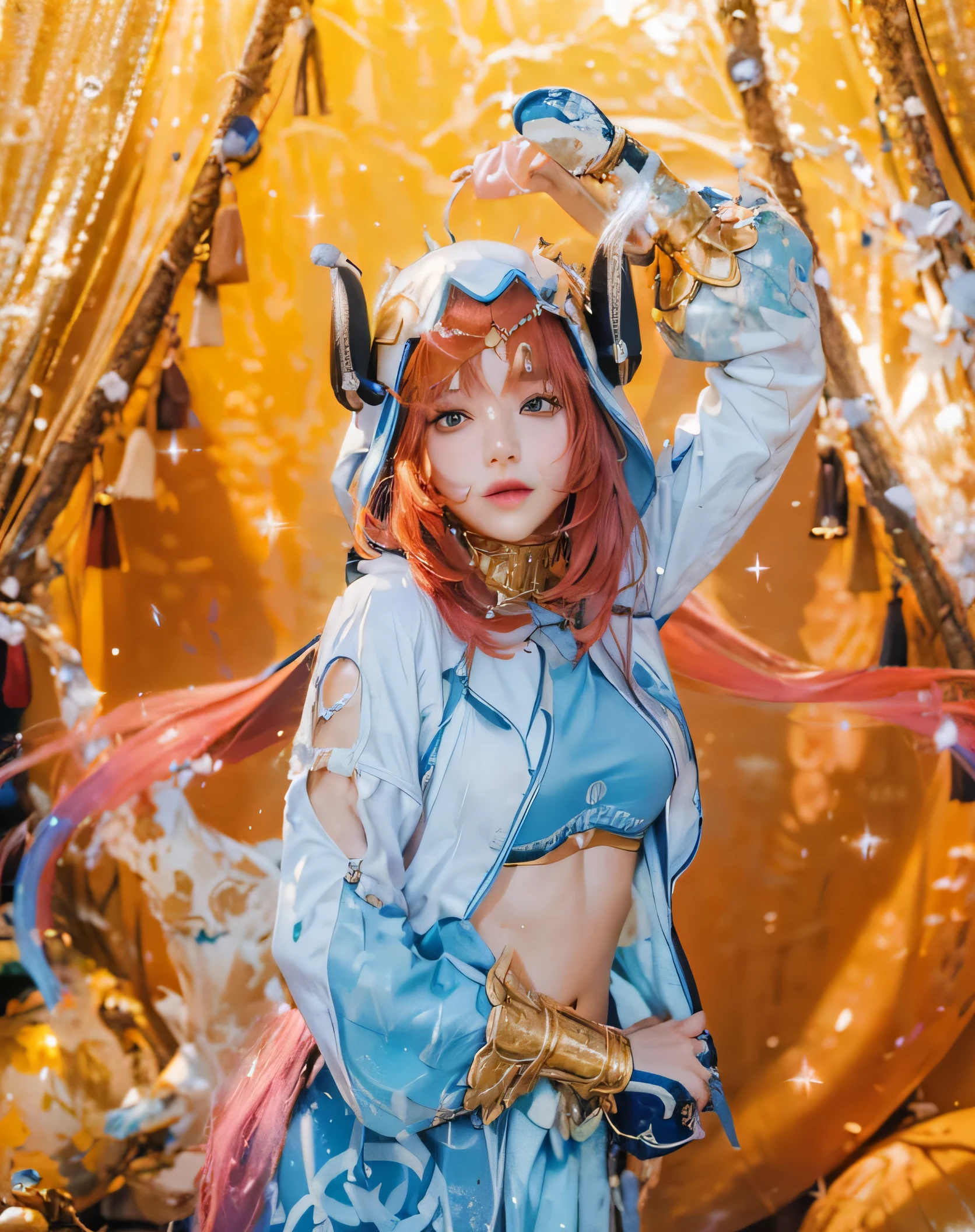((NILOU_GENSHIN IMPACT)),((realistic, photorealistic)),(highlight hair)), Light reflection, (( HD )),((upper body)), (((best quality, masterpiece))), (masterpiece) (best quality) (detail) (8k) (HDR) (wallpaper) (cinematic lighting) (sharp focuasterpiece, best quality: 1.1), Real life adaption of this character, Asian teen beauty face, Shining green eyes, realistic outfit, realistic shadow, realistic light, realism, hyper realistic, realistic background,Realistic hair, realistic hair at the back,(photorealistic:1.2), 1girl,Water splash, blinks, loose hair,Hooded,