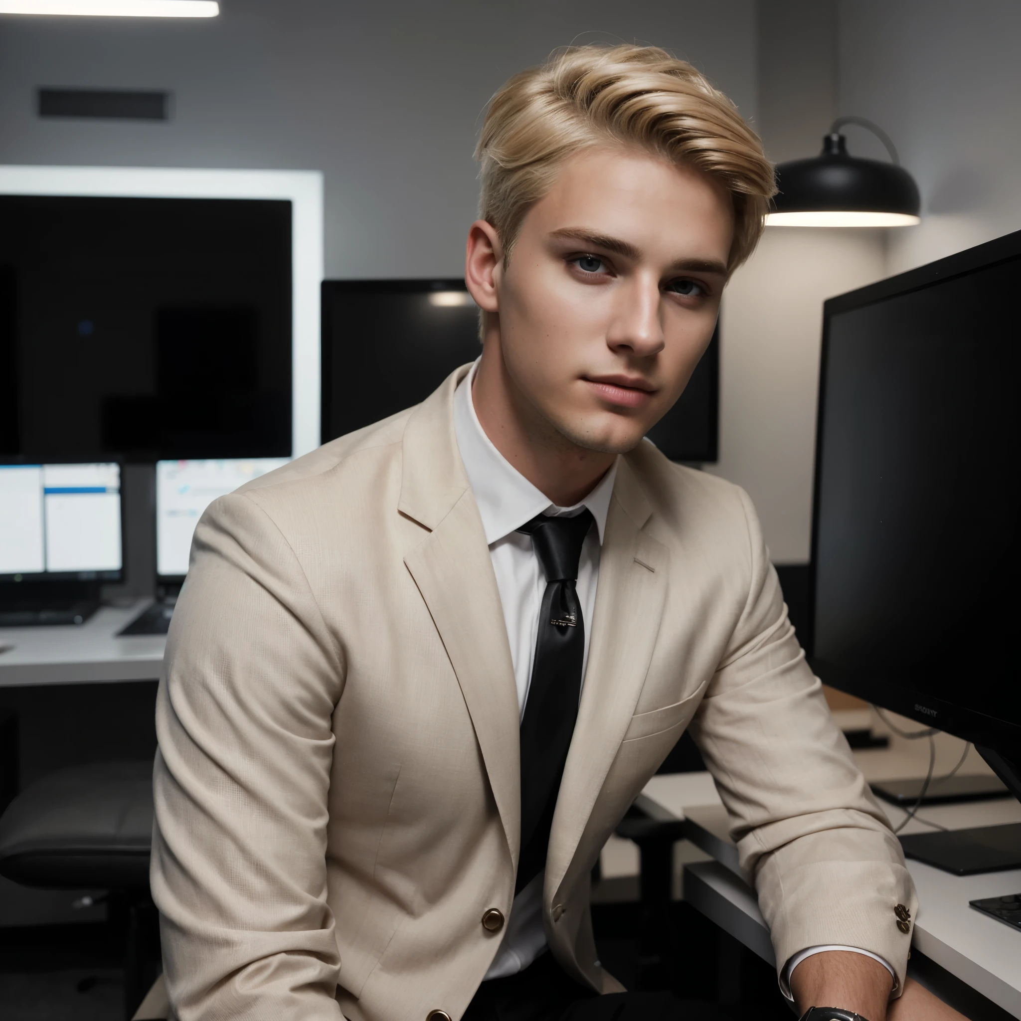A photorealistic handsome 23-year-old man with extraordinary appearance, trendy short blonde hair, wearing a luxurious business suit, professional makeup, well-highlighted face, resembling a Hollywood actress, hacker office room background with strange lighting, resembles photo Sony 7000D, dramatic lighting, high definition, depth of field