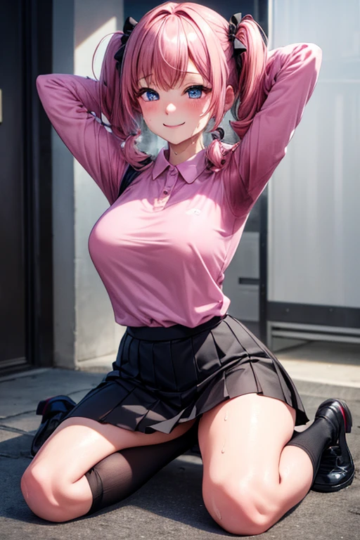 NSFW、The best texture, high quality, Ultra HD, 8k, Full body photo, Panoramic Photos, Highly detailed face, Very detailed, High detail, Ultra Clear,black and pink hair、Twin tails、Pink Shirt、Black Skirt、Black knee socks、((Sweat))、smile