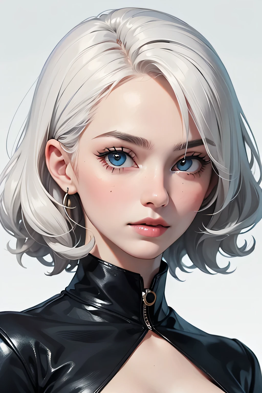 ((best quality)), ((masterpiece)), (detailed), perfect face, Cruella woman pale skin , curly hairs bangs ,one side is white other side black ,black and white hair blue clothes 