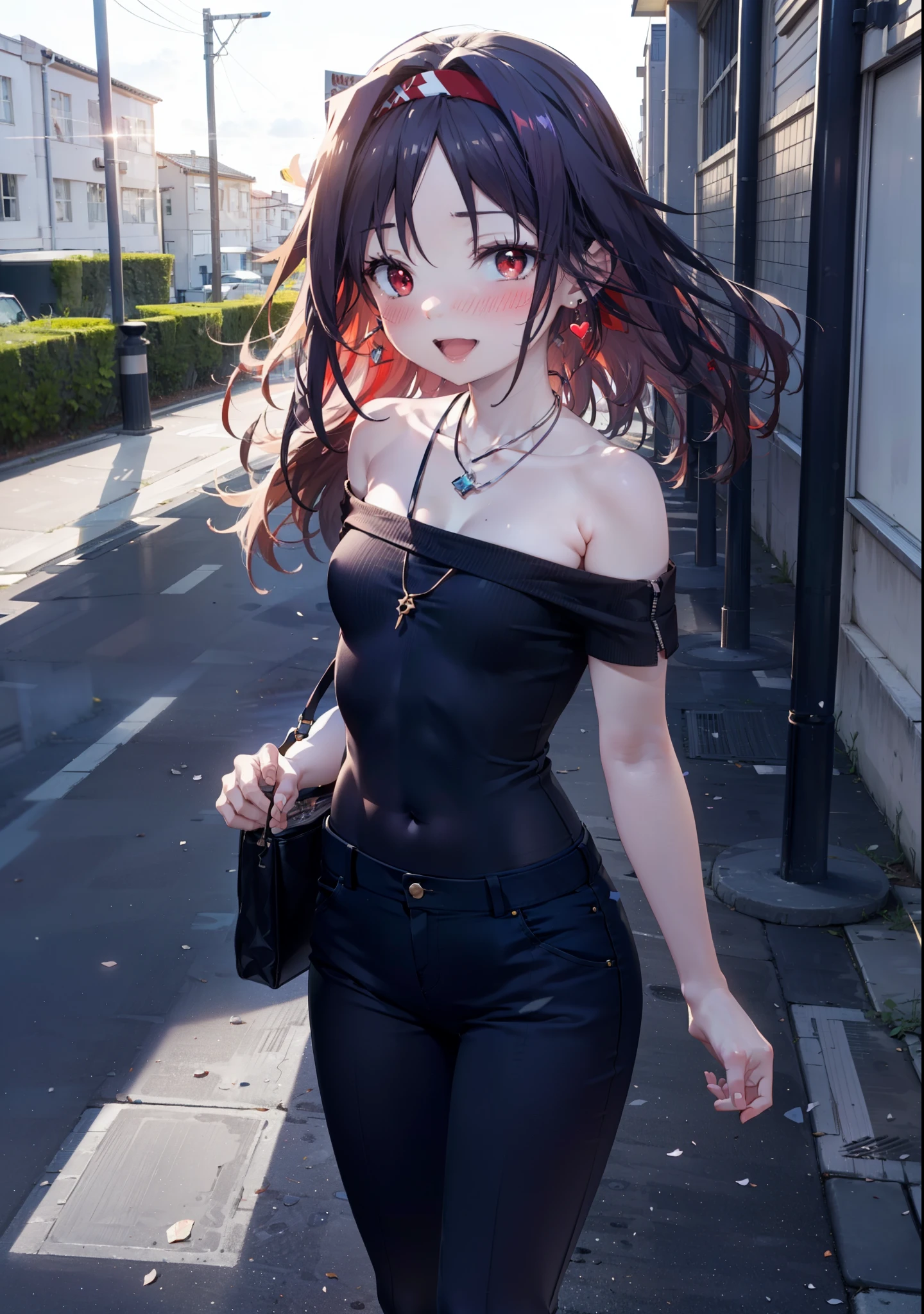 yuukikonno, Konno Yuuki, hair band, Long Hair, Pointed Ears, Purple Hair, (Red eyes:1.5), (Small breasts:1.2), blush,happy smile, smile, Open your mouth,Purple cold shoulder tops,Short sleeve,skinny pants,Stiletto heels,Heart-shaped necklace,Sunset,evening,The sun is setting,whole bodyがイラストに入るように,Looking down from above, break looking at viewer, whole body, (Cowboy Shot:1. 5),break outdoors, School,courtyard, break (masterpiece:1.2), highest quality, High resolution, unity 8k wallpaper, (shape:0.8), (Fine and beautiful eyes:1.6), Highly detailed face, Perfect lighting, Highly detailed CG, (Perfect hands, Perfect Anatomy),