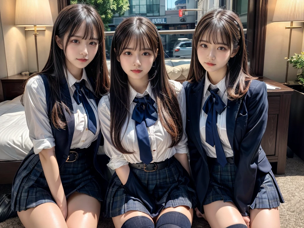 (8K, Raw photography, top-quality, masterpiece:1.2), master piece, best quality, illustration, Super detailed, fine details, High resolution, 8K,wall paper, perfect dynamic composition,(Details High quality, realistic depiction of eyes:1.3), ((2 girls, 2 schoolgirls)), The background is a luxury hotel room、High school girl uniform、blazer 、Super Short Check Uniform Skirt、Navy blue high socks、garterbelts、Colossal tits、Disturbed uniform, Play with each other,Touching each other's bodies,Touching the body of the girl next door, short bob hair, black hair color, huge breasts, Big Natural Color Lip, bold sexy pose, (perfect body shape), crying a little、cold gaze, Beautiful makeup,glitter makeup,Cutest 18 years old, beautiful legs, hposing Gravure Idol, Voluptuous thighs