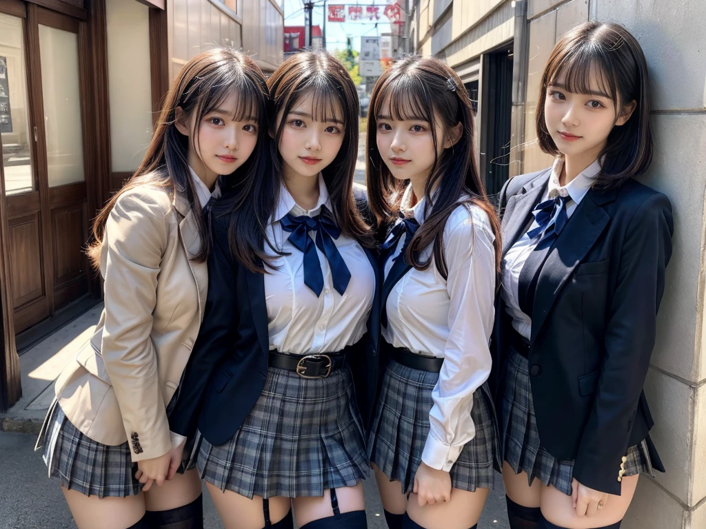 (8K, Raw photography, top-quality, masterpiece:1.2), master piece, best quality, illustration, Super detailed, fine details, High resolution, 8K,wall paper, perfect dynamic composition,(Details High quality, realistic depiction of eyes:1.3), ((2 girls, 2 girls)), The background is a luxury hotel room、High school girl uniform、blazer 、Super Short Check Uniform Skirt、Navy blue high socks、garterbelts、Colossal tits、Disturbed uniform, Play with each other,Touching each other's bodies,Touching the body of the girl next door, short bob hair, black hair color, huge breasts, Big Natural Color Lip, bold sexy pose, (perfect body shape), crying a little、cold gaze, Beautiful makeup,glitter makeup,Cutest 18 years old, beautiful legs, hposing Gravure Idol, Voluptuous thighs