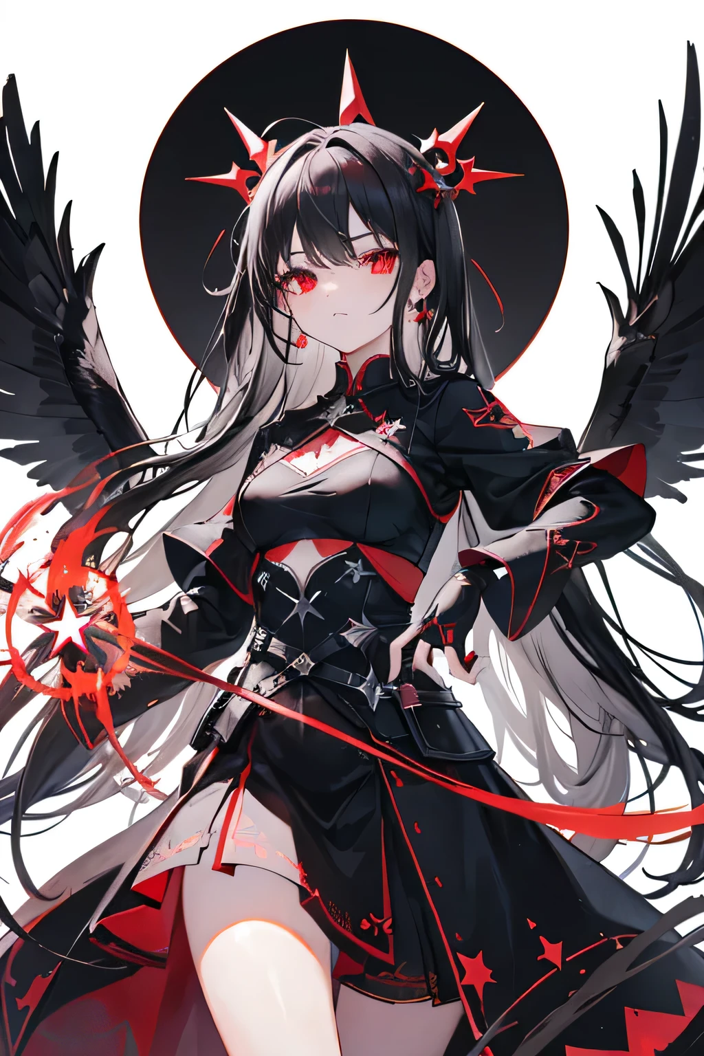 girl,Long Black Hair,masterpiece, highest quality, Super detailed, Downcast eyes,Tabletop, highest quality), (Perfect athletic body:1.2),8K High Resolution, Trend Art Station, White Background, Standing in the Wilderness,whole body、Equipped with Crow Gauntlets、Small breasts、, As if smoke and shadows were given shape, Wings made from giant crows, Dancing crow feathers, Many glowing red eyes, Shadow Claw, Supernatural Lightning and Fire, ((Eight-pointed star symbol)), 8K High Resolution, Trend Art Station, White Background, whole body,Jet black feather dress、Smoke from countless red-eyed crows