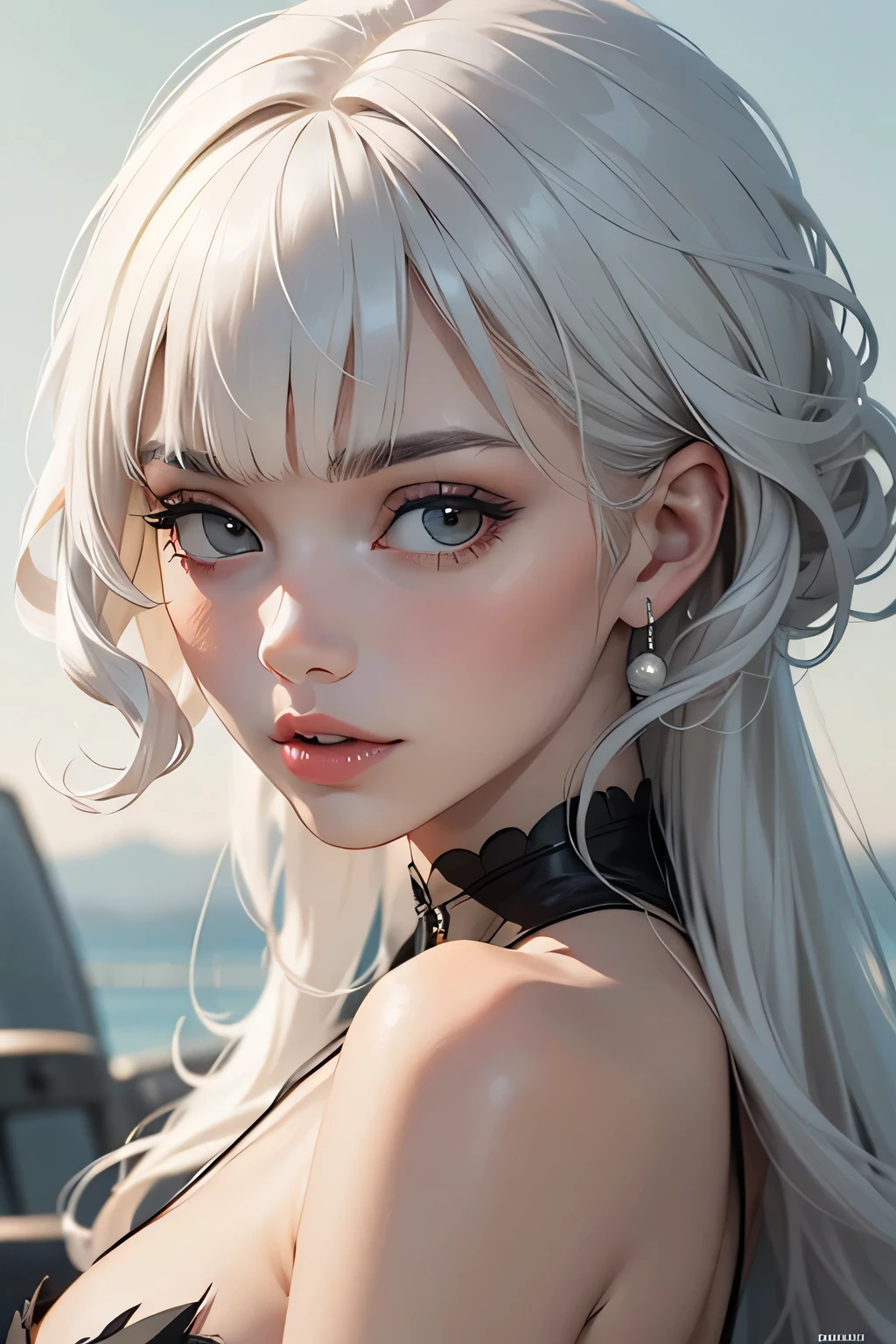 ((best quality)), ((masterpiece)), (detailed), perfect face, Cruella woman pale skin , curly hairs bangs ,one side is white other side black ,black and white hair