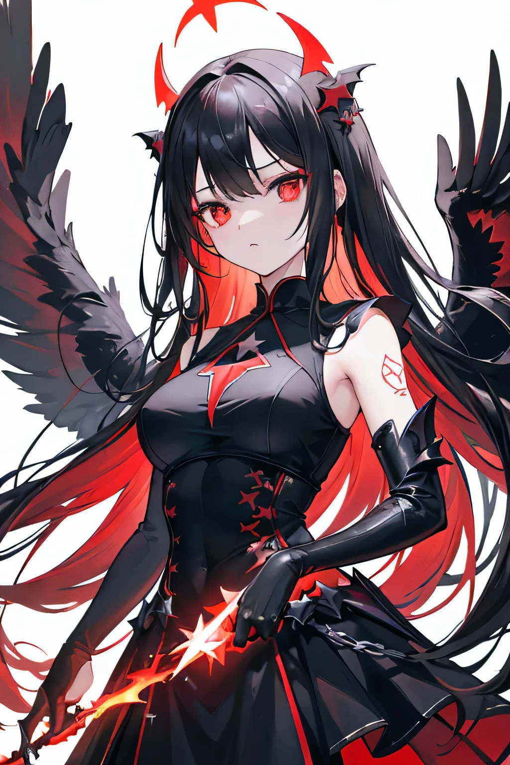 girl,Long Black Hair,masterpiece, highest quality, Super detailed, Downcast eyes,Tabletop, highest quality), (Perfect athletic body:1.2),8K High Resolution, Trend Art Station, White Background, Standing in the Wilderness,whole body、Crow Gauntlets、Small breasts、, As if smoke and shadows were given shape, Wings made from giant crows, Dancing crow feathers, Many glowing red eyes, Shadow Claw, Supernatural Lightning and Fire, ((Eight-pointed star symbol)), 8K High Resolution, Trend Art Station, White Background, whole body,Jet black feather dress、Countless red-eyed crows