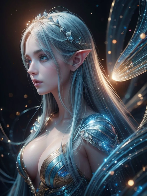 (Best quality, 4k, High-resolution, Masterpiece:1.2), Ultra-detailed, Realistic, Radiant lighting, Epoch Elves,Silver Hair, Dodger Blue Eyes, Portraits, Fantastical colors, Fine art, Ethereal beings, Dreamlike, Whimsical creatures, Detailed facial features, Glowing eyes, Elven beauties, Ethereal glow, Mythical creatures, Harmonious composition, Dazzling colors, Stunning visual effects, Otherworldly appearance, Mesmerizing artistry,