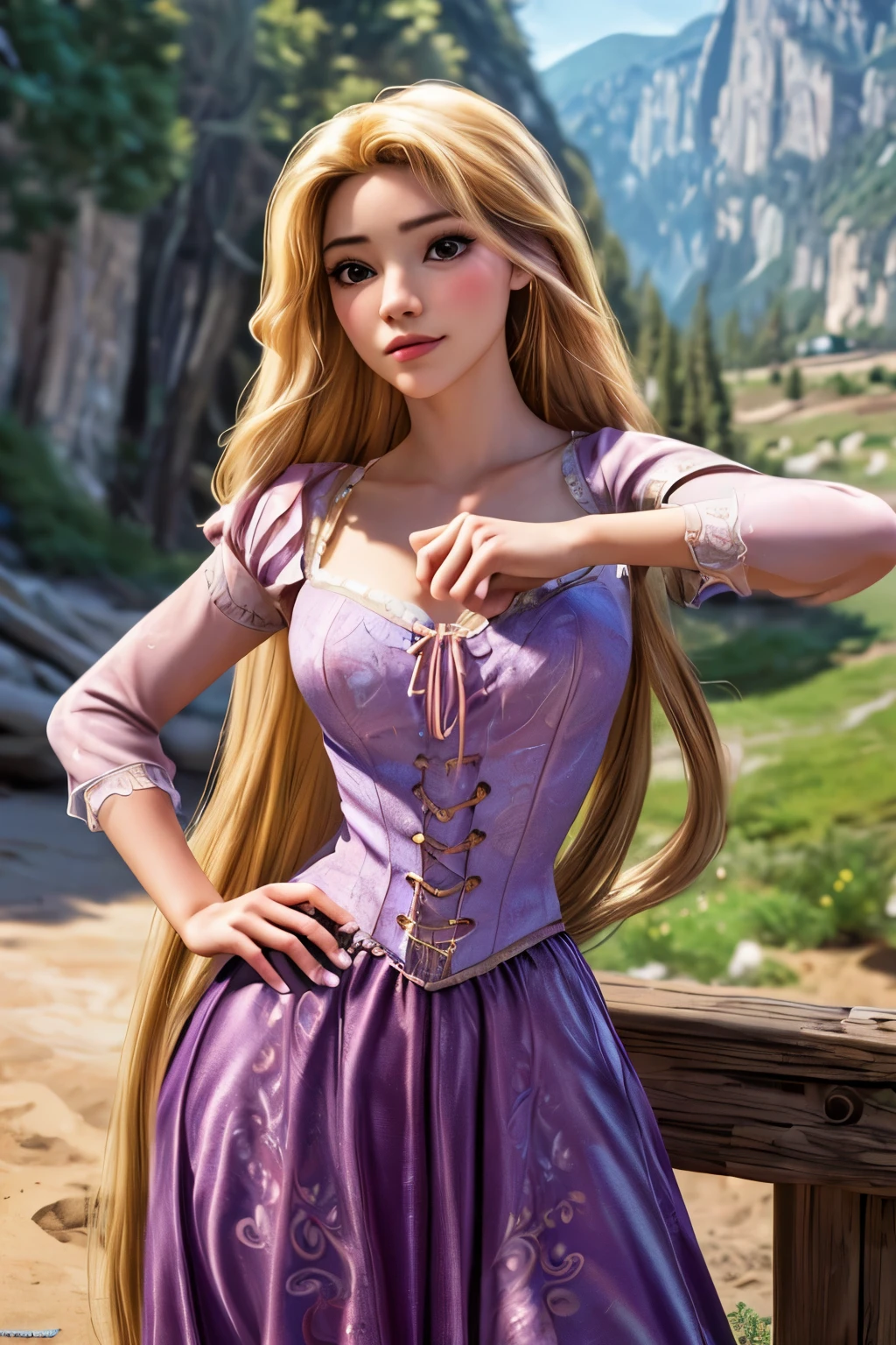 (masterpiece:1.2), (highest quality), (Super detailed), (8k, 4K, complicated),(Half Body:1.2),(cowboy:1.2),(Very detailed:1.2),(Detailed face:1.2), (Detailed Background),(Portraiture),Detailed landscape, (Dynamic pose:1.2),Rapunzel One Girl, alone, Long Hair, Blonde Hair, , Star handle