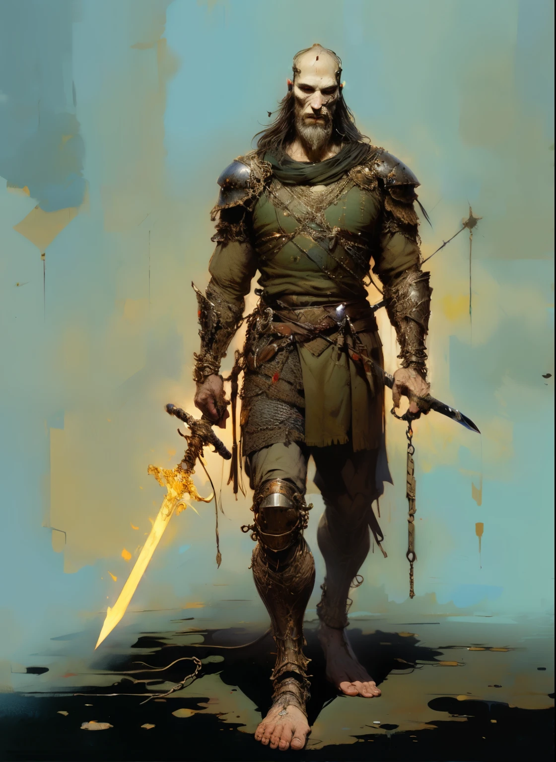 1man, old man, perfect proportions, anatomically correct, (head to toe: 2.0), (full body image: 2.0), solo, extremely stylized, deviant art, masterpiece, highly detailed, detailed eyes, expressive detailed eyes, detailed pupils, futuristic, ((wearing medieval armor )), ((holding a sword and shield)), (cybernetic arms:1.4), big boots, entire body image, full body shot, nvinkpunk, professional photograph of alexander_skarsgard, tassles, large beads, (large tassels), cyberpunk, inkpunk, paint platter, ink splatter, (action pose:1.0), ((chainmail shirt)), old warrior, long beard, ((armor shoulders))