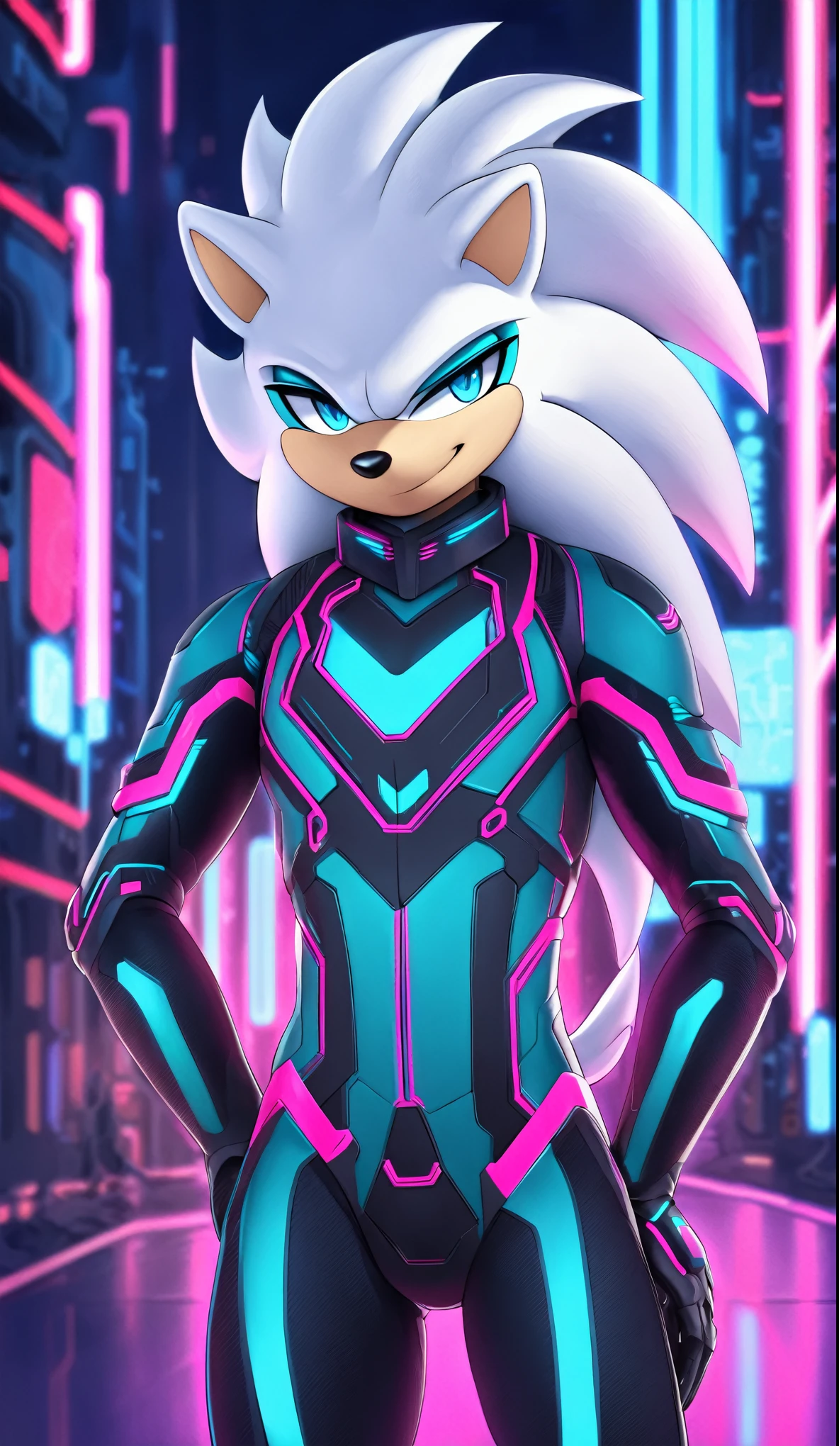 a full body high quality digitally drawn rendered image ((by SEGA)) of A solo male anthro ((silver—white hedgehog)), with glowing blue eyes, ((metallic blue eyeliner)), (((tan muzzle))), wearing a (((sci-fi bodysuit))) stands in a neon-lit cyberpunk city The android's bodysuit is adorned with (((teal and black coloring with neon pink accents))), and intricate android seams, creating a futuristic look. the android has a seductive smirk on his face