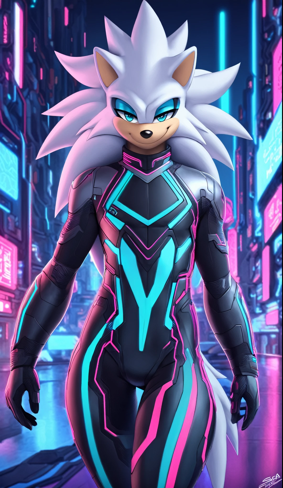 a full body high quality digitally drawn rendered image ((by SEGA)) of A solo male anthro ((silver—white hedgehog)), with glowing blue eyes, ((metallic blue eyeliner)), (((tan muzzle))), wearing a (((sci-fi bodysuit))) stands in a neon-lit cyberpunk city The android's bodysuit is adorned with (((teal and black coloring with neon pink accents))), and intricate android seams, creating a futuristic look. the android has a seductive smirk on his face