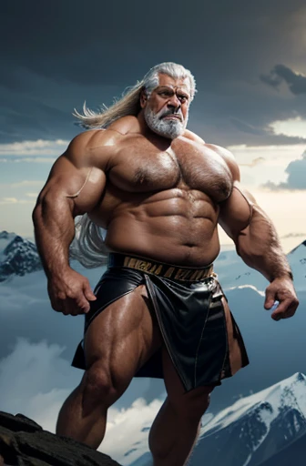  Hyperrealistic image of an elderly Latino warrior superhero jumping in the air with very long gray hair. An angry super heavy bodybuilder flexing his muscles A full body obese bodybuilder with a very sweaty body. An extremely muscular and extremely fat old man over 70 years old weighing over 600 pounds Very muscular and very hairy man with very large and very sagging pecs with dark nipples and gynecomastia floating above the snowy peaks of the Andes and under a stormy sky of sunrise with lightning wearing a small leather skirt 