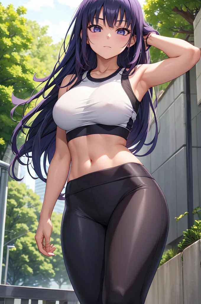 1girl, 1girl hinata full body, Hinata Hyuga, Hinata Hyuga naruto shippuden, hyuga hinata, (anime: naruto), adorable, female body, perfect body, fullbody, lavender gentle eyes, dark blue hair, dark blue long hair, beautiful, perfect body, gym clothes, flex leggings, matt-black flex leggings, leggings matt-black, croptop, cropped shirt, beautiful woman body, hinata, ultrasharp, 4k picture, highly detailed, stunning

