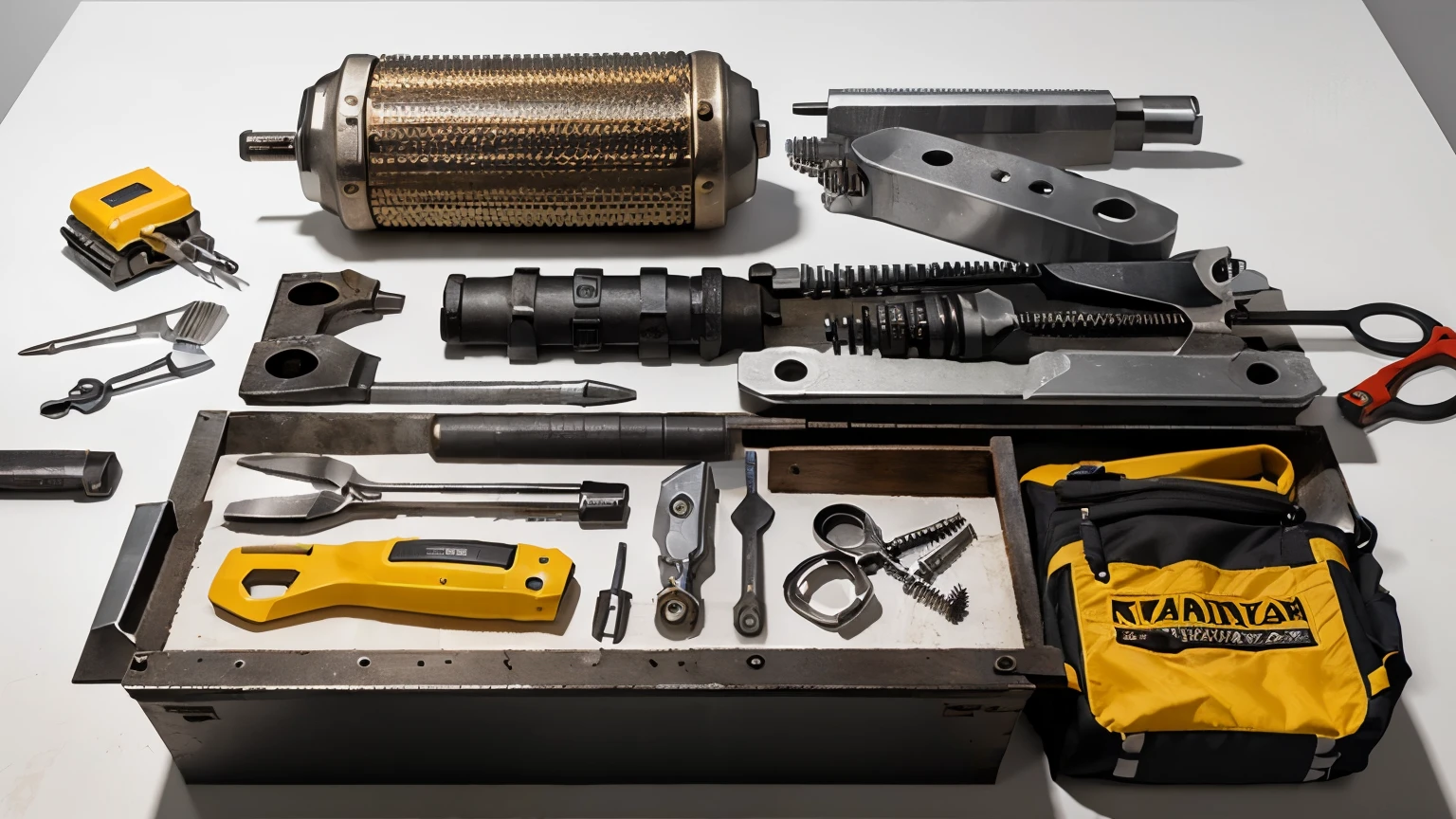 a construction tool arrangement on white background, high quality, photorealistic, 8k, detailed, industrial, metallic, various tools, screwdrivers, pliers, hammers, wrenches, spatulas, nuts and bolts, clean and organized, minimalist, studio lighting, sharp focus, professional photography