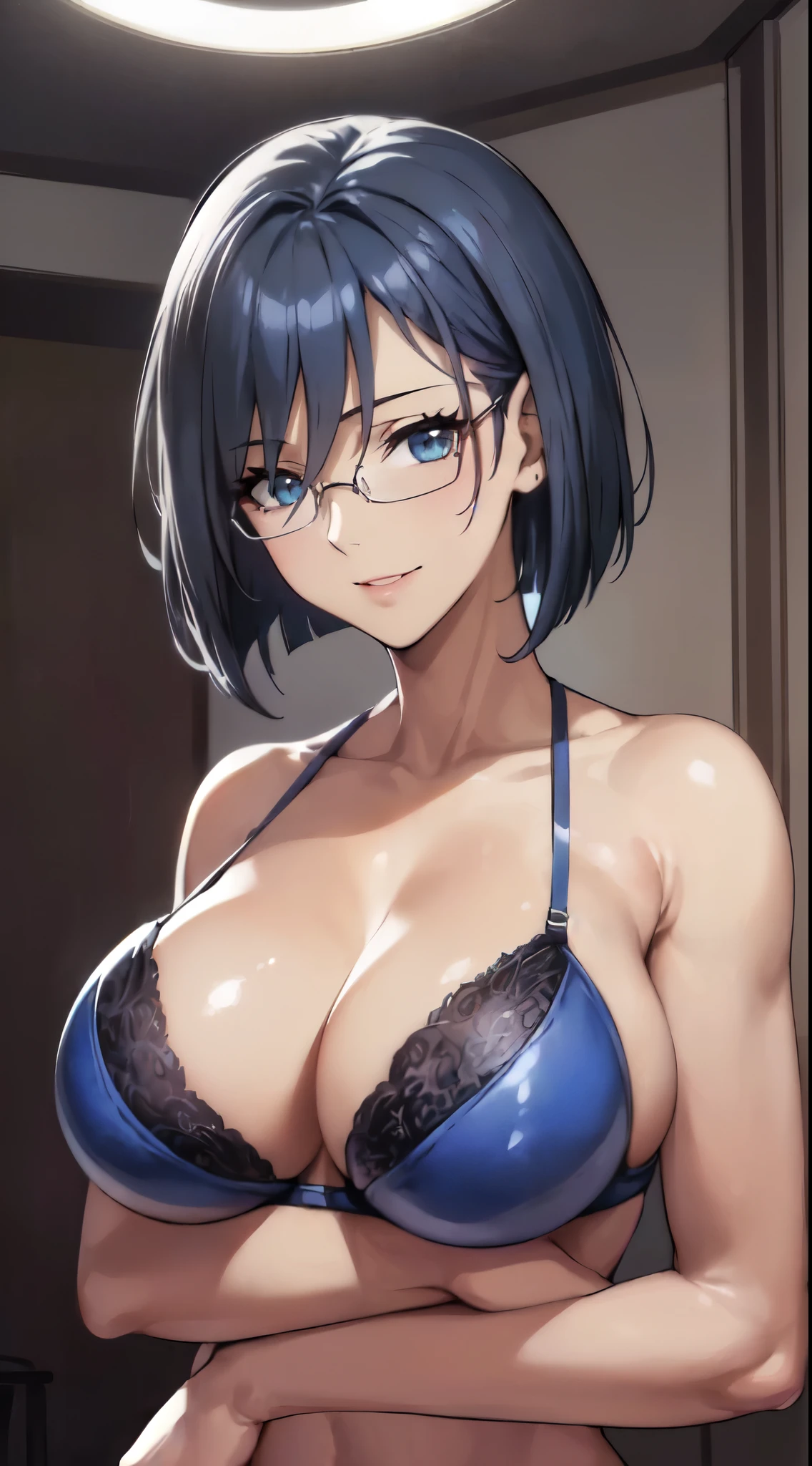 (Upper Body:1.4),anime,(masterpiece:1.4),Portraiture, Realistic, blue eyes,(Perfect female body:1.4),(curve,model,glamorous:1.4),(dark blue hair:1.5),(slender:1.4),(bob cut:1.2),(one side up:1.4),(dark blue hair:1.4),(short hair:1.3),(shiny oiled skin),(arms behind head:1.4),(clavicle,head:1.4),(Beautiful breasts:1.4),(Large Breasts:1.4),(Dark blue hair:1.4),(Bright colors:1.4),(Rimless Glasses),(Shoulder length:1.4),(Turn away:1.3),(bikini:1.3),(Black Bra,Black underwear:1.5),(30 years old:1.4),8K resolution, High quality CG, Beautiful CG,(slim:1.4),Soft Light,(smile:1.3),(Ultra-high resolution),Highly detailed CG Unity 8k wallpaper,(美的animeの目:1.3),(Inside the spaceship:1.3),(Black Lingerie:1.5),bed,