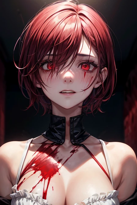 1 handsome man, ((yandere, yandere simulator, crazy, blood, blood on the face, blood stains, blood stained clothes, blood on the floor, blood on the wall, reflection), (short hair, red eyes, bright eyes, blush, high , neckline), dramatic lighting, reddish lighting, backlight, fade effect, blurred background, classroom, (night), looking at us, crazy face, (evil face), (dark face), (horror, dark)