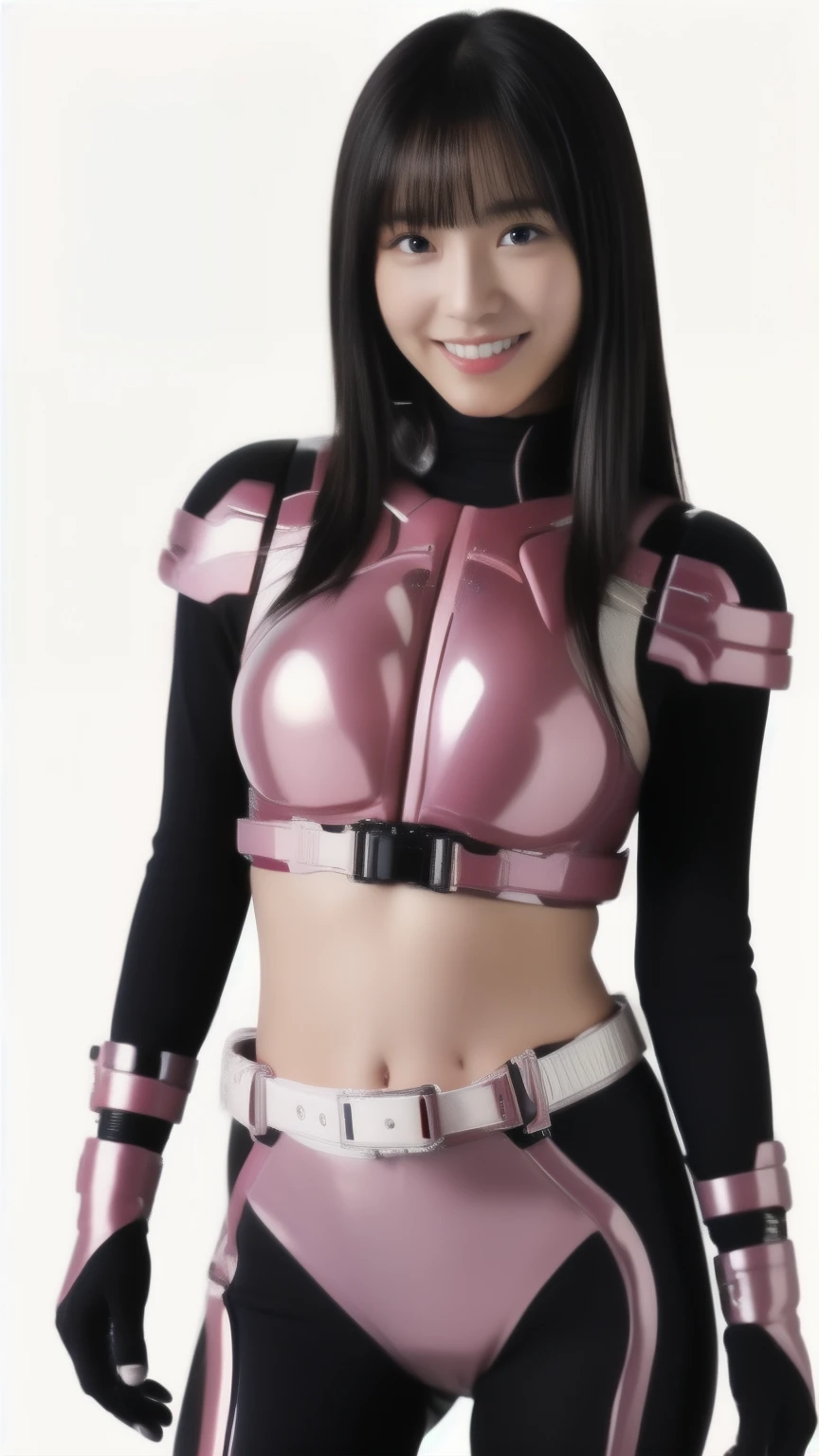 A 25-year-old woman wearing a sexy, deep pink glossy skin-tight protective gear:1.8, highest quality, High resolution, 8k, One girl, Big Breasts :1.5, (bangs,Black Hair,Shortcuts), Sweat:1.3, View your viewers, smile,:1.5