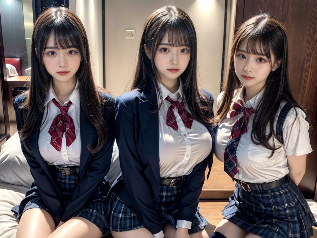 (8K, Raw photography, top-quality, ​masterpiece:1.2), master piece, best quality, illustration, Super detailed, fine details, High resolution, 8K,wall paper, perfect dynamic composition,(Details High quality, realistic depiction of eyes:1.3), ((2 girls, 2 schoolgirls)), The background is a luxury hotel room、High school girl uniform、blazer 、Super Short Check Uniform Skirt、Navy blue high socks、garterbelts、Colossal tits、Disturbed uniform, Play with each other,Touching each other's bodies,Touching the body of the girl next door, short bob hair, black hair color, huge breasts, Big Natural Color Lip, bold sexy pose, (perfect body shape), crying a little、cold gaze,  Beautiful makeup,glitter makeup,Cutest 18 years old, beautiful legs, hposing Gravure Idol, Voluptuous thighs