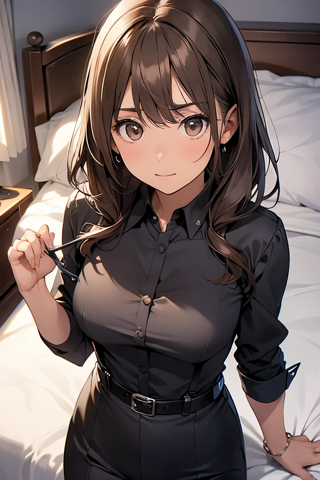 Brown Hair、Staring at the audience Black suspenders bulging wall: Black pantsuit sight Small face holster Beautiful woman Show your hand Lying in bed sight Taunt side side汗 arm Dress shirt Black Suit belt
