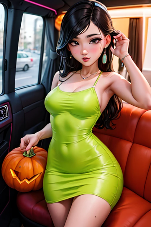 Garota gosmenta, (limo), Cabelo Slime Penteado com coque duplo, Orange Pumpkin, Vestido de princesa branco com cinto de arma, Obra de arte, melhor qualidade