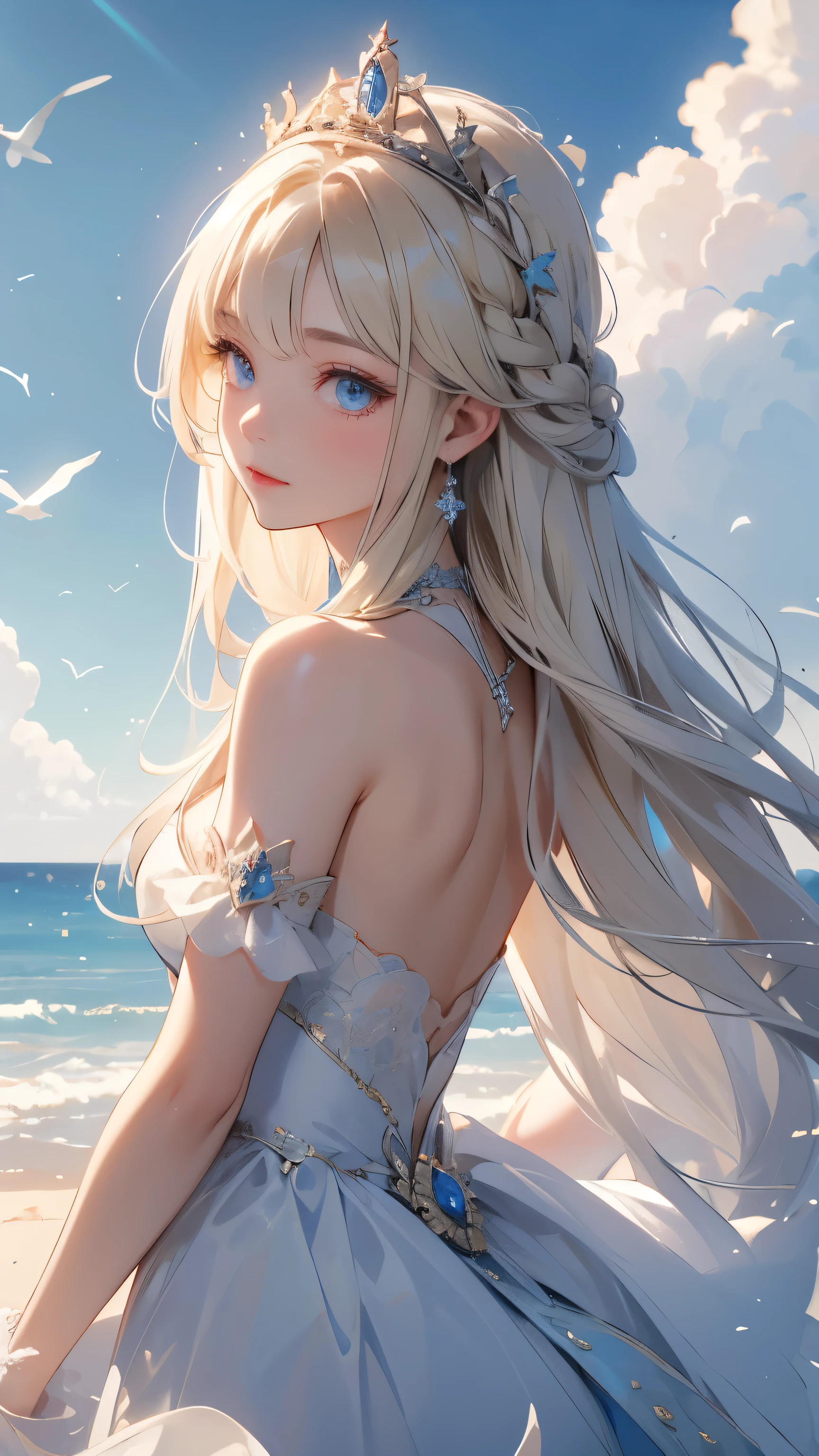 ,((highest quality))),8k,((masterpiece)),(Very sophisticated and beautiful), A completely naked girl emerges from the sea, The Swan Princess of Russian Mythology, Beautiful calm face, blue eyes, Long blonde hair braided, Moon braid at the back of the head, With a kokoshnik crown on his head、White and shiny old Russian see-through, Loving eyes, Half-laugh, A gentle expression appeared, Background seascape and sunlight, Seagulls in the sky, full length, realism,Completely naked