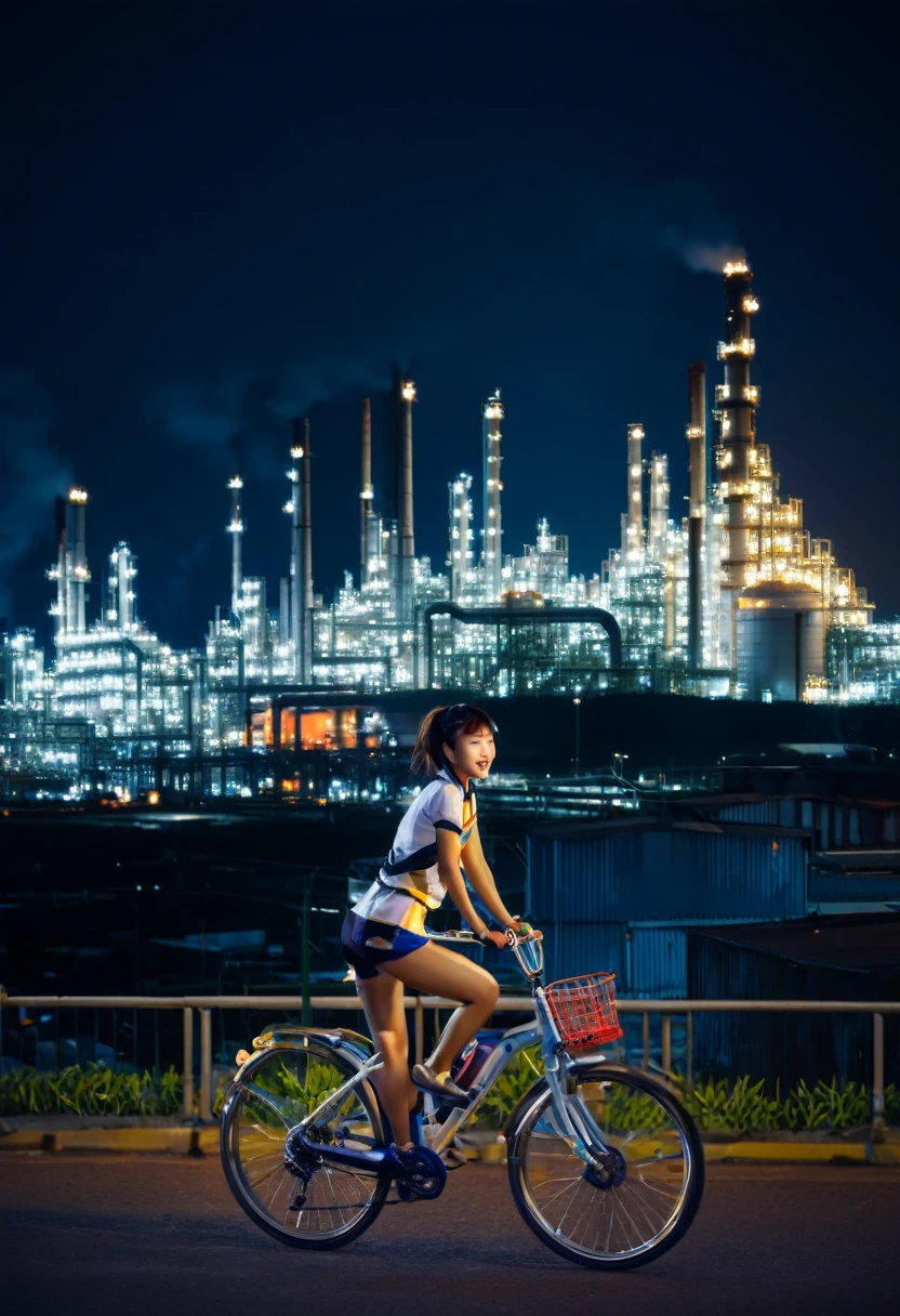 a girl rides a bicycle, in running shorts, short shorts, a large oil refinery lit up at night, a tilt shift photo, by Ulrich Leman, pexels contest winner, photorealism, nagasaki, tectonic cityscape, detailed photo of virtual world, happy birthday