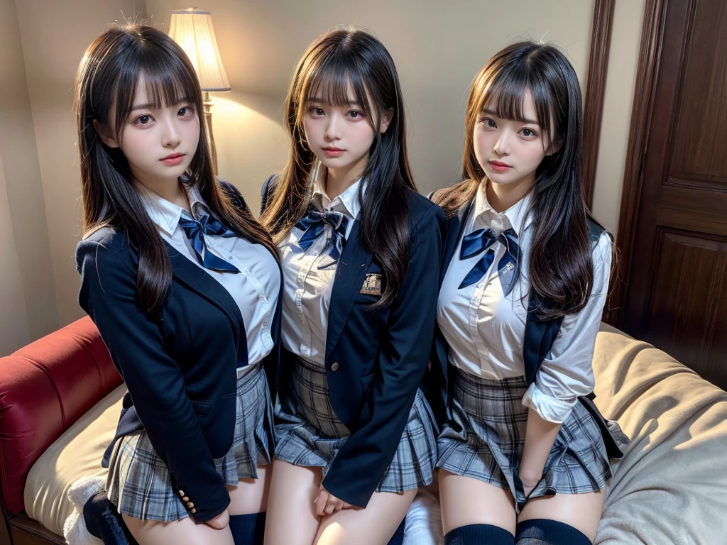 (8K, Raw photography, top-quality, masterpiece:1.2), master piece, best quality, illustration, Super detailed, fine details, High resolution, 8K,wall paper, perfect dynamic composition,(Details High quality, realistic depiction of eyes:1.3), ((2 girls, 2 schoolgirls)), The background is a luxury hotel room、High school girl uniform、blazer 、Super Short Check Uniform Skirt、Navy blue high socks、garterbelts、Colossal tits、Disturbed uniform, Play with each other,Touching each other's bodies,Touching the body of the girl next door, short bob hair, black hair color, huge breasts, Big Natural Color Lip, bold sexy pose, (perfect body shape), crying a little、cold gaze, Beautiful makeup,glitter makeup,Cutest 18 years old, beautiful legs, hposing Gravure Idol, Voluptuous thighs