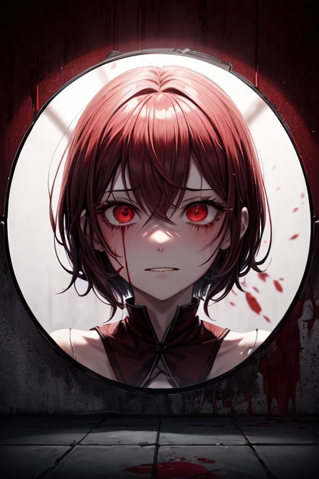 1 man, ((yandere, yandere simulator, crazy, blood, blood on the face, blood stains, blood stained clothes, blood on the floor, blood on the wall, reflection), (short hair, red eyes, bright eyes, blush, high , neckline), dramatic lighting, reddish lighting, backlight, fade effect, blurred background, classroom, (night), looking at us, crazy face, (evil face), (dark face), (horror, dark)
