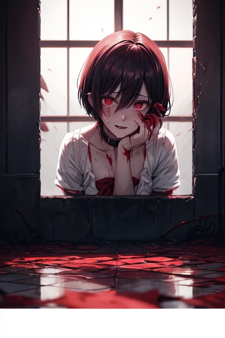 1 man, ((yandere, yandere simulator, crazy, blood, blood on the face, blood stains, blood stained clothes, blood on the floor, blood on the wall, reflection), (short hair, red eyes, bright eyes, blush, high , neckline), dramatic lighting, reddish lighting, backlight, fade effect, blurred background, classroom, (night), looking at us, crazy face, (evil face), (dark face), (horror, dark)