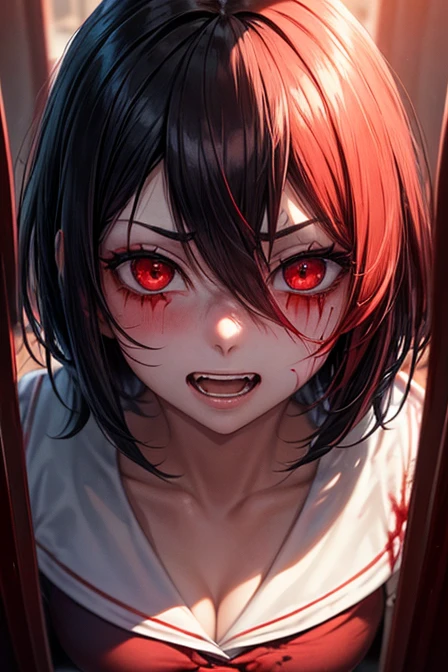 1 man, ((yandere, yandere simulator, crazy, blood, blood on the face, blood stains, blood stained clothes, blood on the floor, blood on the wall, reflection), (short hair, red eyes, bright eyes, blush, high , neckline), dramatic lighting, reddish lighting, backlight, fade effect, blurred background, classroom, (night), looking at us, crazy face, (evil face), (dark face), (horror, dark)