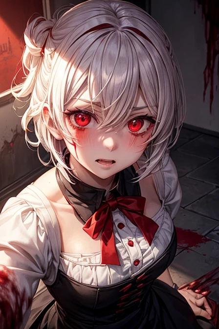 1 man, ((yandere, yandere simulator, crazy, blood, blood on the face, blood stains, blood stained clothes, blood on the floor, blood on the wall, reflection), (short hair, red eyes, bright eyes, blush, high , neckline), dramatic lighting, reddish lighting, backlight, fade effect, blurred background, classroom, (night), looking at us, crazy face, (evil face), (dark face), (horror, dark)