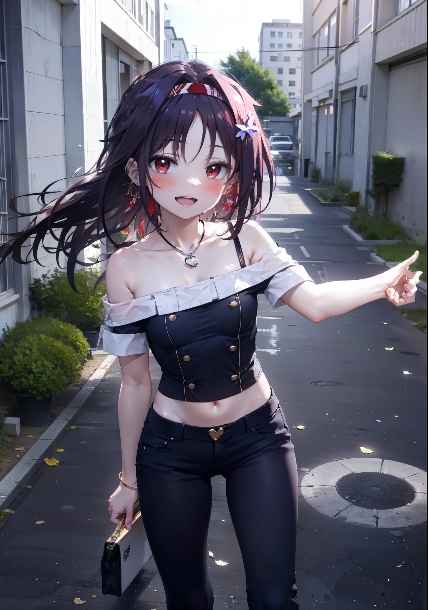 yuukikonno, Konno Yuuki, hair band, Long Hair, Pointed Ears, Purple Hair, (Red eyes:1.5), (Small breasts:1.2), blush,happy smile, smile, Open your mouth,Purple cold shoulder tops,Short sleeve,skinny pants,Stiletto heels,Heart-shaped necklace,Sunset,evening,The sun is setting,whole bodyがイラストに入るように,Looking down from above, break looking at viewer, whole body, (Cowboy Shot:1. 5),break outdoors, School,courtyard, break (masterpiece:1.2), highest quality, High resolution, unity 8k wallpaper, (shape:0.8), (Fine and beautiful eyes:1.6), Highly detailed face, Perfect lighting, Highly detailed CG, (Perfect hands, Perfect Anatomy),