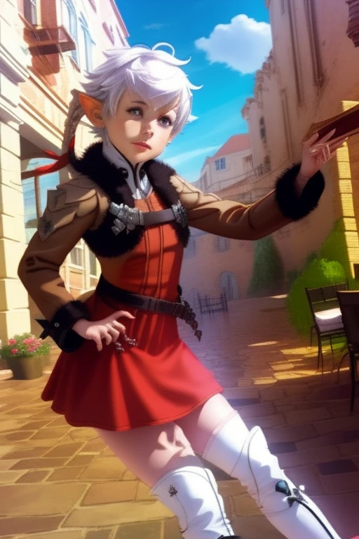 alisaie,1girl,single braid,hair ribbon,brown jacket,red dress,fur trim,belt,thigh boots,(outdoors:1.33),fantasy,landscape,