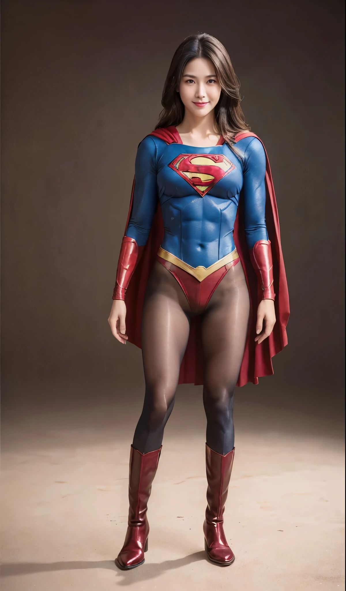 No background、(((Beautiful legs in black tights.)))、(((Legally express the beauty of your smile)))、((((Make the most of your original images)))、(((Supergirl Costume)))、(((Beautiful Hair)))、(((suffering)))、(((Please wear black tights....、Wear red boots)))、((Best image quality、8k))、((highest quality、8k、masterpiece:1.3))、(((Preserve background )))、Sharp focus:1.2、Beautiful woman with perfect figure:1.4、Slim Abs:1.2、Wet body:1.5、Highly detailed face and skin texture、8k