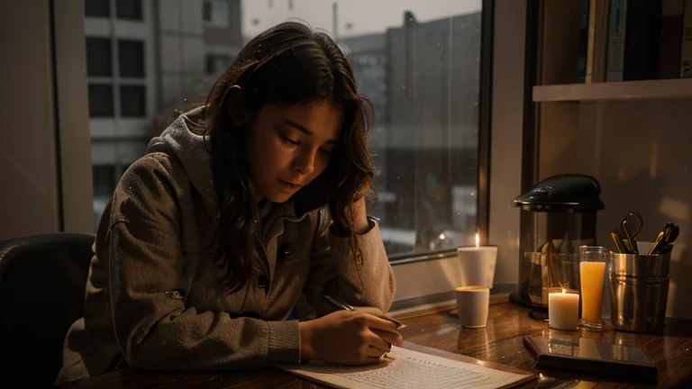 girl studying in winter night in a room and out side rain and lighting and girl drinking coffee