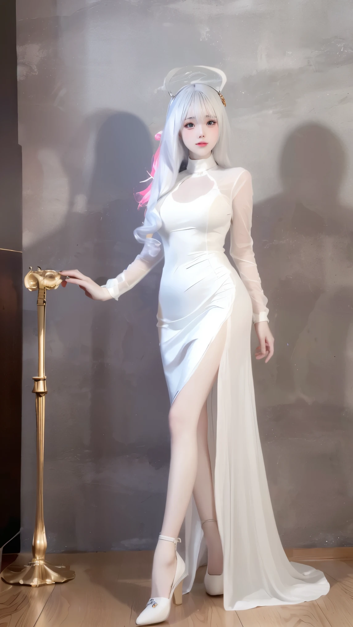 8K, Surrealism, masterpiece, best quality, Super detailed, high resolution, Random Background, 1 girl, (:1.5), Yao Liu, White Dress，Colored hair，translucent，whole body，High heel透明婚纱，High heel，whole body，Colorful