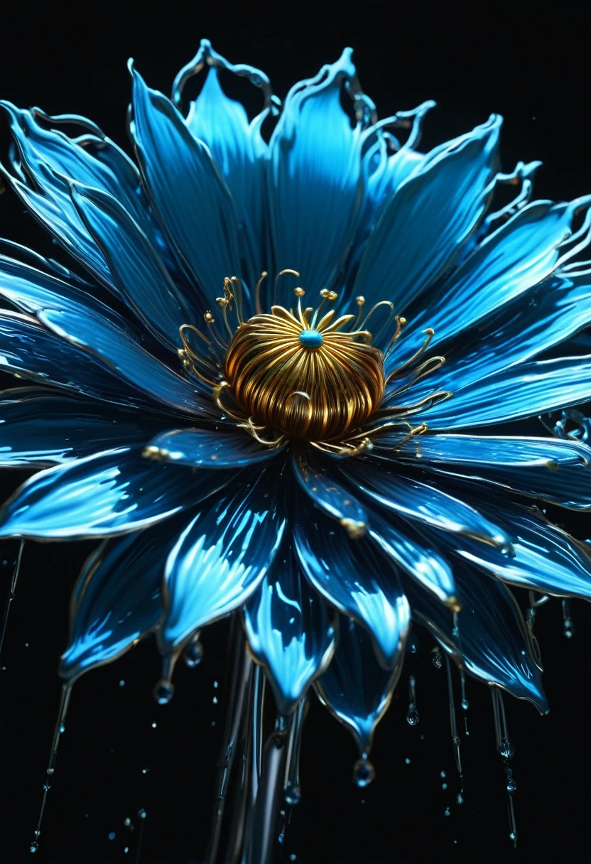 A liquid metal flowers, dripping metal, liquid, highly detailed, intricate, organic shapes, shiny metallic petals, glowing bioluminescent center, mesmerizing flowing movement, ethereal, magical, dramatic lighting, vibrant colors, (best quality,4k,8k,highres,masterpiece:1.2),ultra-detailed,(realistic,photorealistic,photo-realistic:1.37),cinematic composition