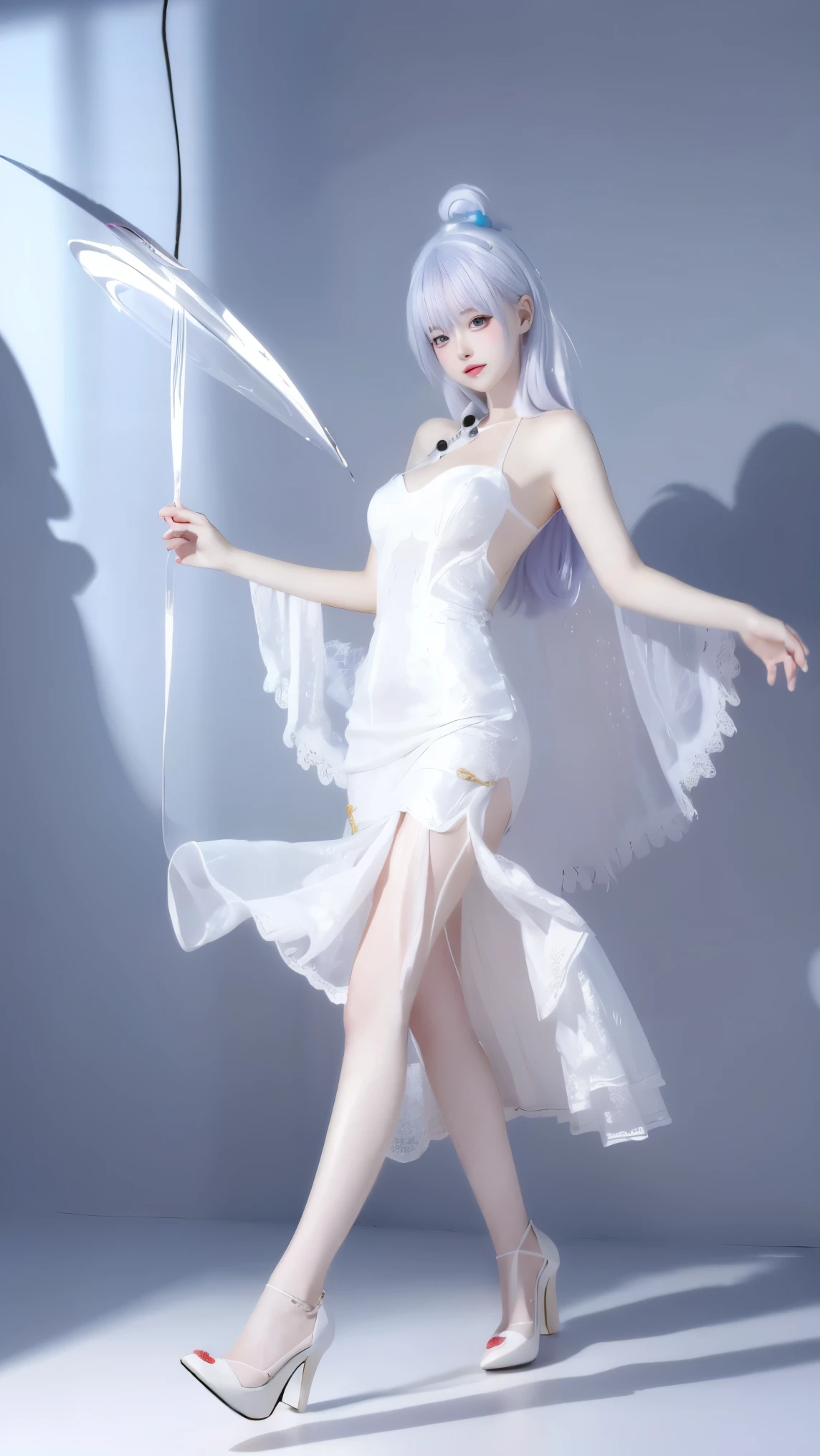 8K, Surrealism, masterpiece, best quality, Super detailed, high resolution, Random Background, 1 girl, (:1.5), Yao Liu, White Dress，Colored hair，translucent，whole body，High heel透明婚纱，High heel，whole body，Colorful