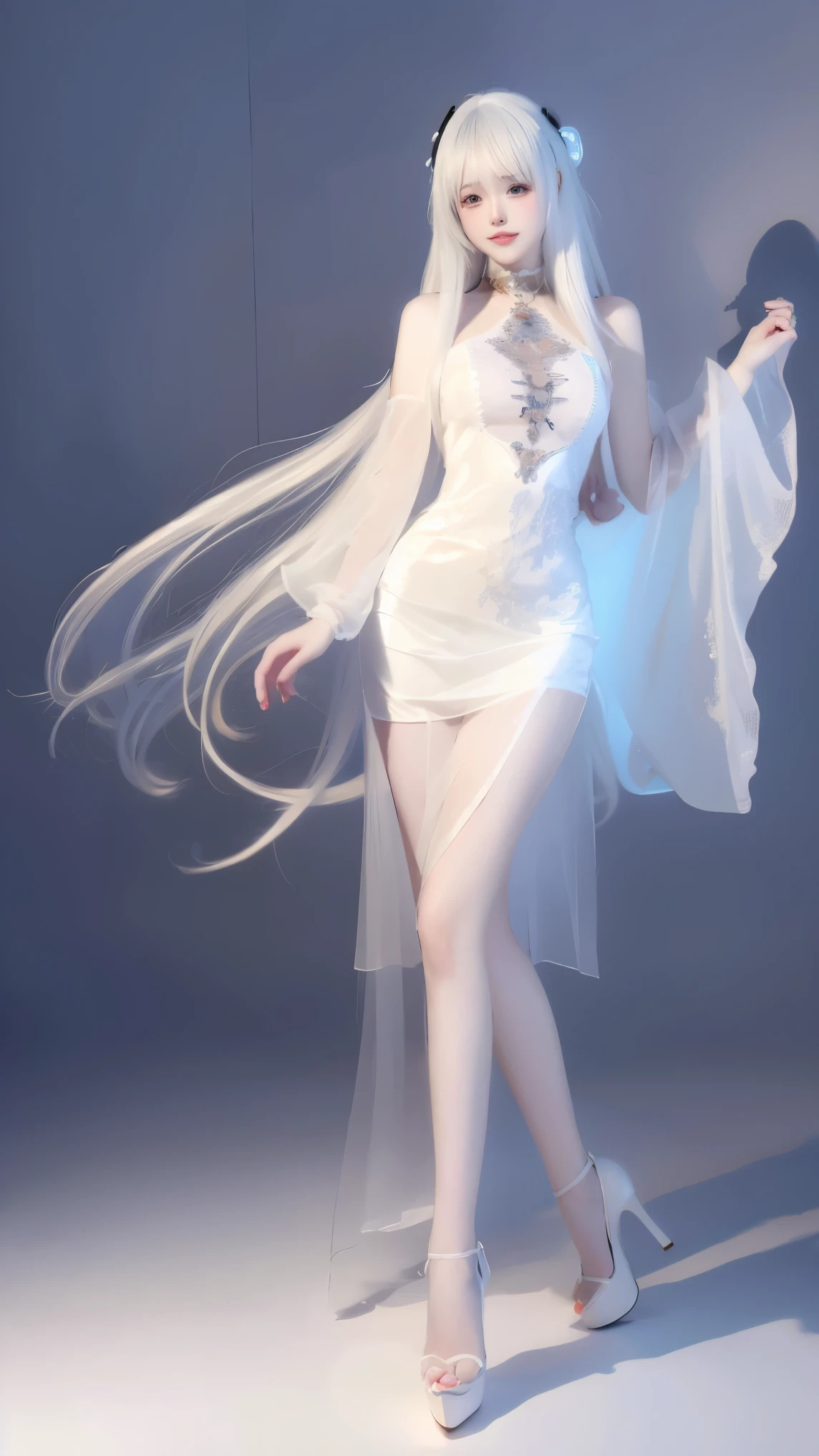 8K, Surrealism, masterpiece, best quality, Super detailed, high resolution, Random Background, 1 girl, (:1.5), Yao Liu, White Dress,Colored hair,translucent,whole body,High heel透明婚纱,High heel,whole body,Colorful