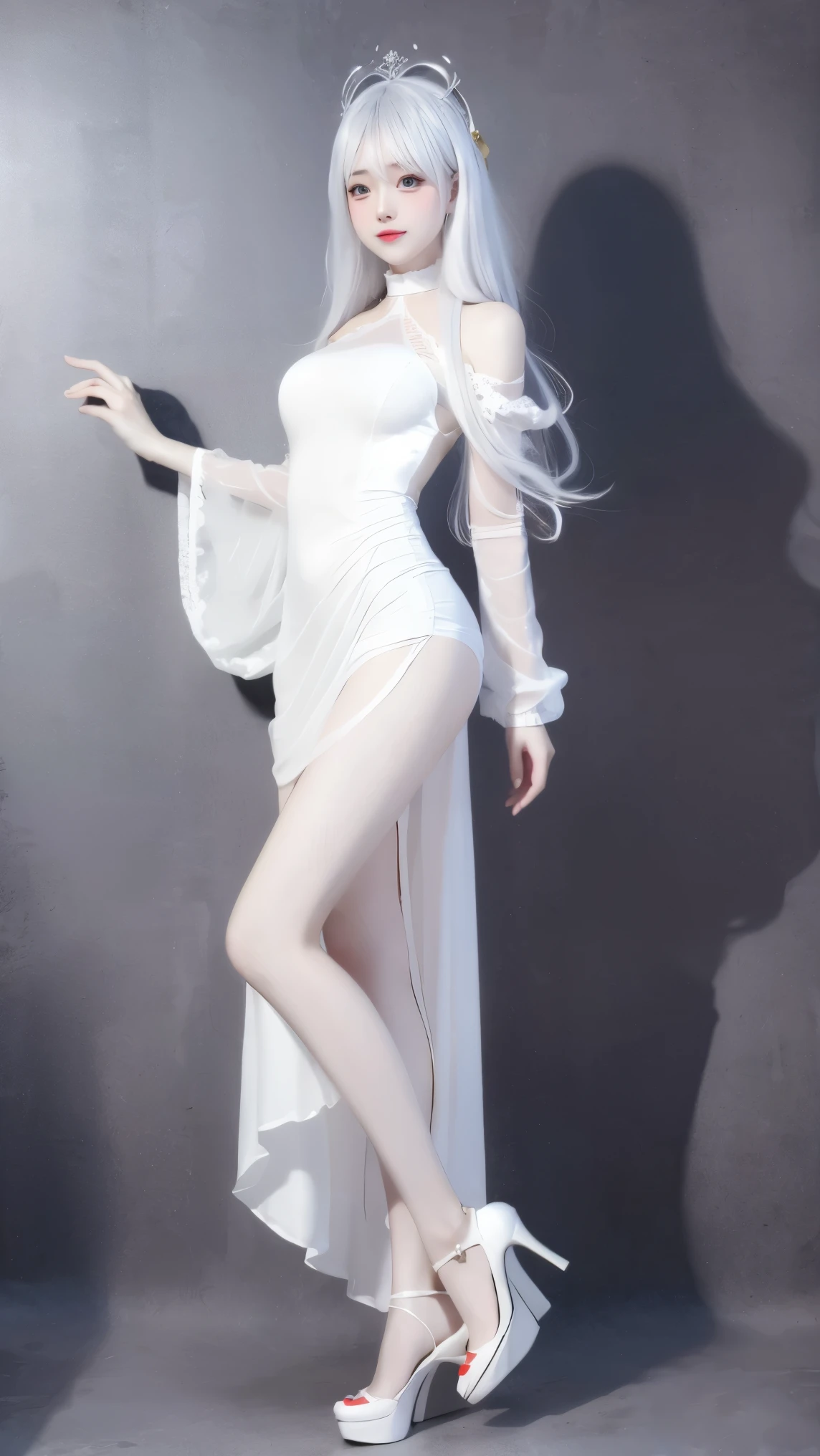 8K, Surrealism, masterpiece, best quality, Super detailed, high resolution, Random Background, 1 girl, (:1.5), Yao Liu, White Dress,Colored hair,translucent,whole body,High heel透明婚纱,High heel,whole body,Colorful