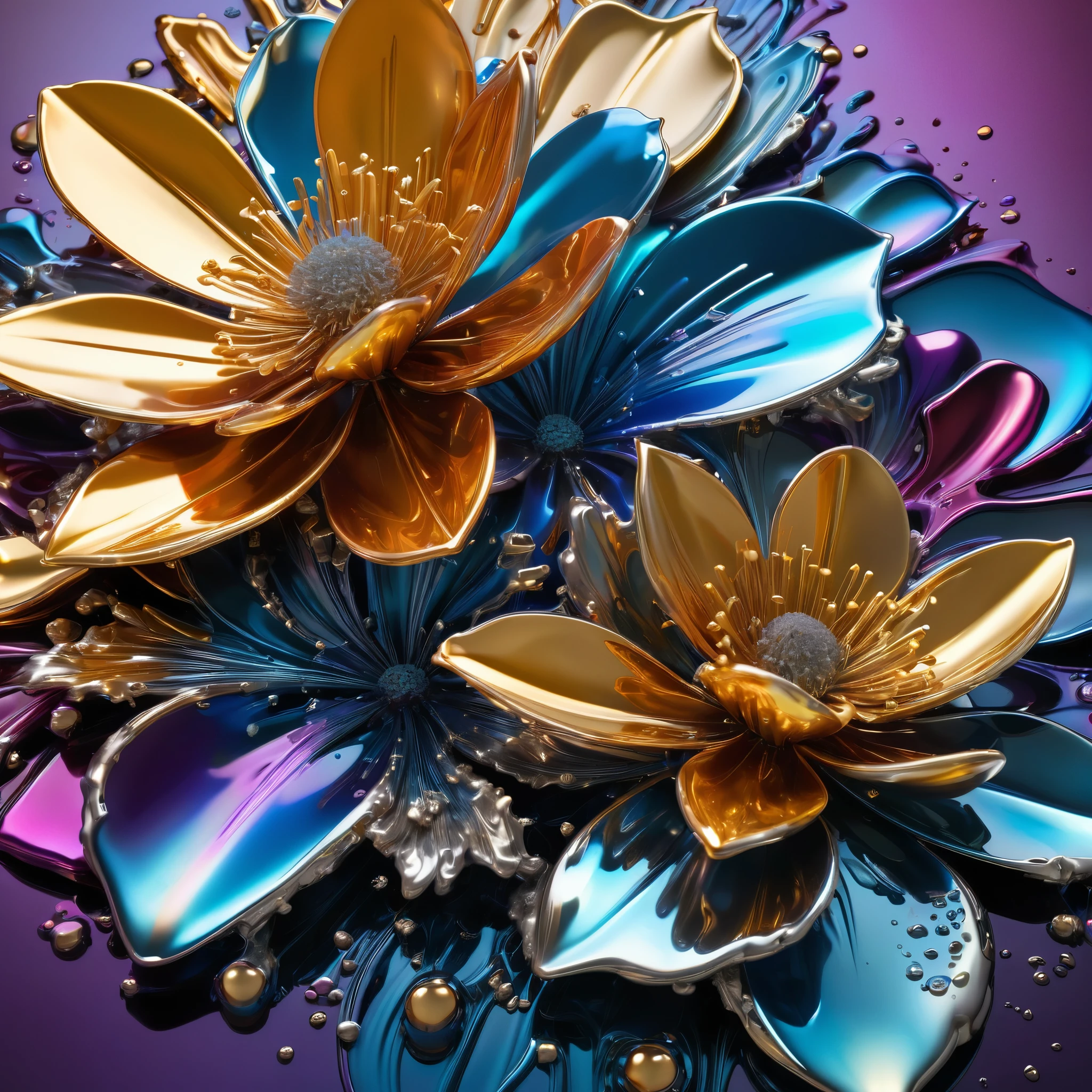 Flowers blooming in full bloom,(explosion),(1robot made of liquid metal),In your artwork, showcase the state changes of liquid metal at different temperatures. Starting from extremely high temperatures, the metal is in an active liquid state. As the temperature gradually decreases, the metal begins to become viscous and eventually solidifies into a solid state. Please describe in detail the gradual changes in the color, luster, and fluidity of the metal during this process,Liquid metal, fluidity, gloss, reflection, interaction with other substances, abstract artistic image, temperature change, state change, color, gloss gradient, fluidity gradient, (masterpiece, best quality:1.2),8K, extremly detailed