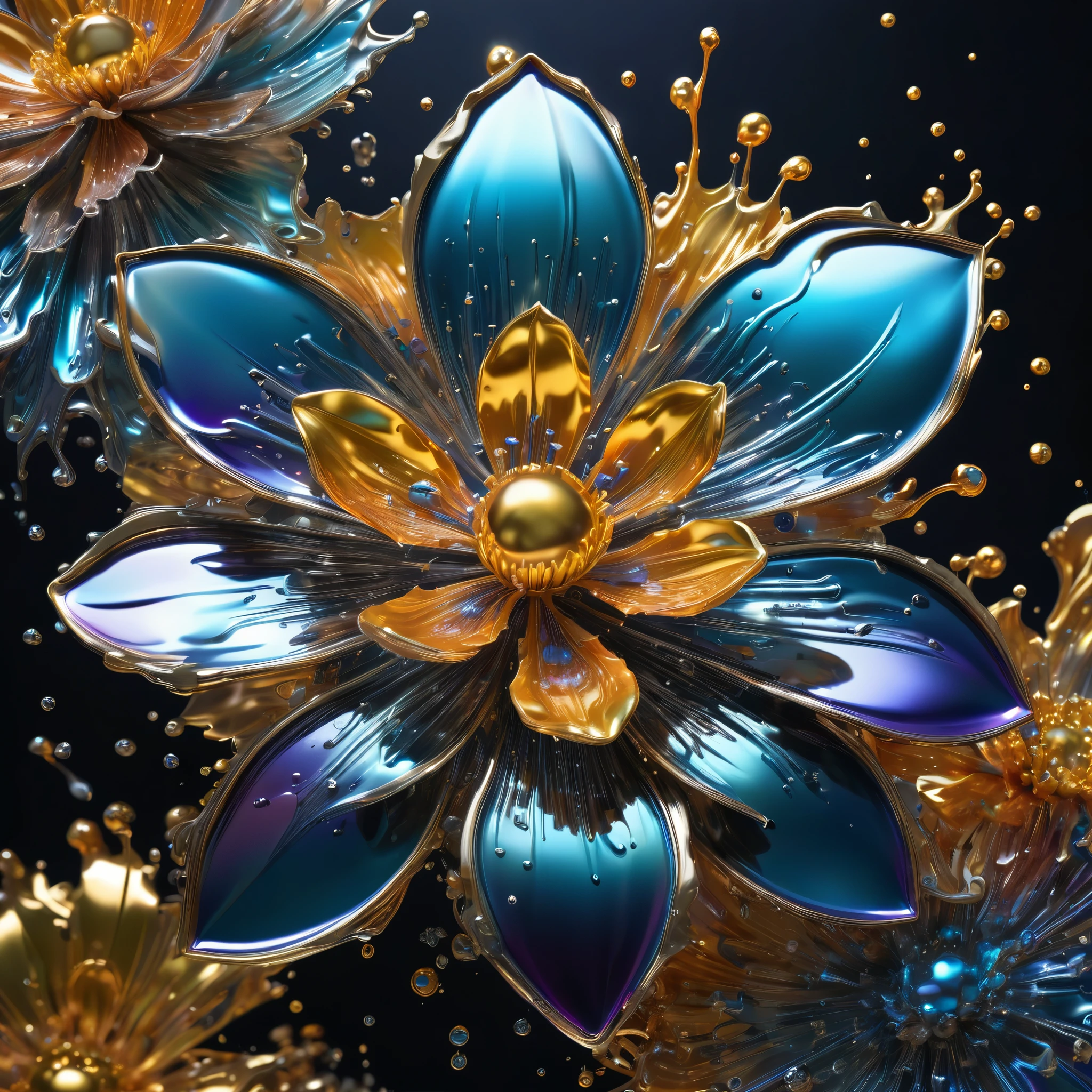 Flowers blooming in full bloom,(explosion),(1robot made of liquid metal),In your artwork, showcase the state changes of liquid metal at different temperatures. Starting from extremely high temperatures, the metal is in an active liquid state. As the temperature gradually decreases, the metal begins to become viscous and eventually solidifies into a solid state. Please describe in detail the gradual changes in the color, luster, and fluidity of the metal during this process,Liquid metal, fluidity, gloss, reflection, interaction with other substances, abstract artistic image, temperature change, state change, color, gloss gradient, fluidity gradient, (masterpiece, best quality:1.2),8K, extremly detailed