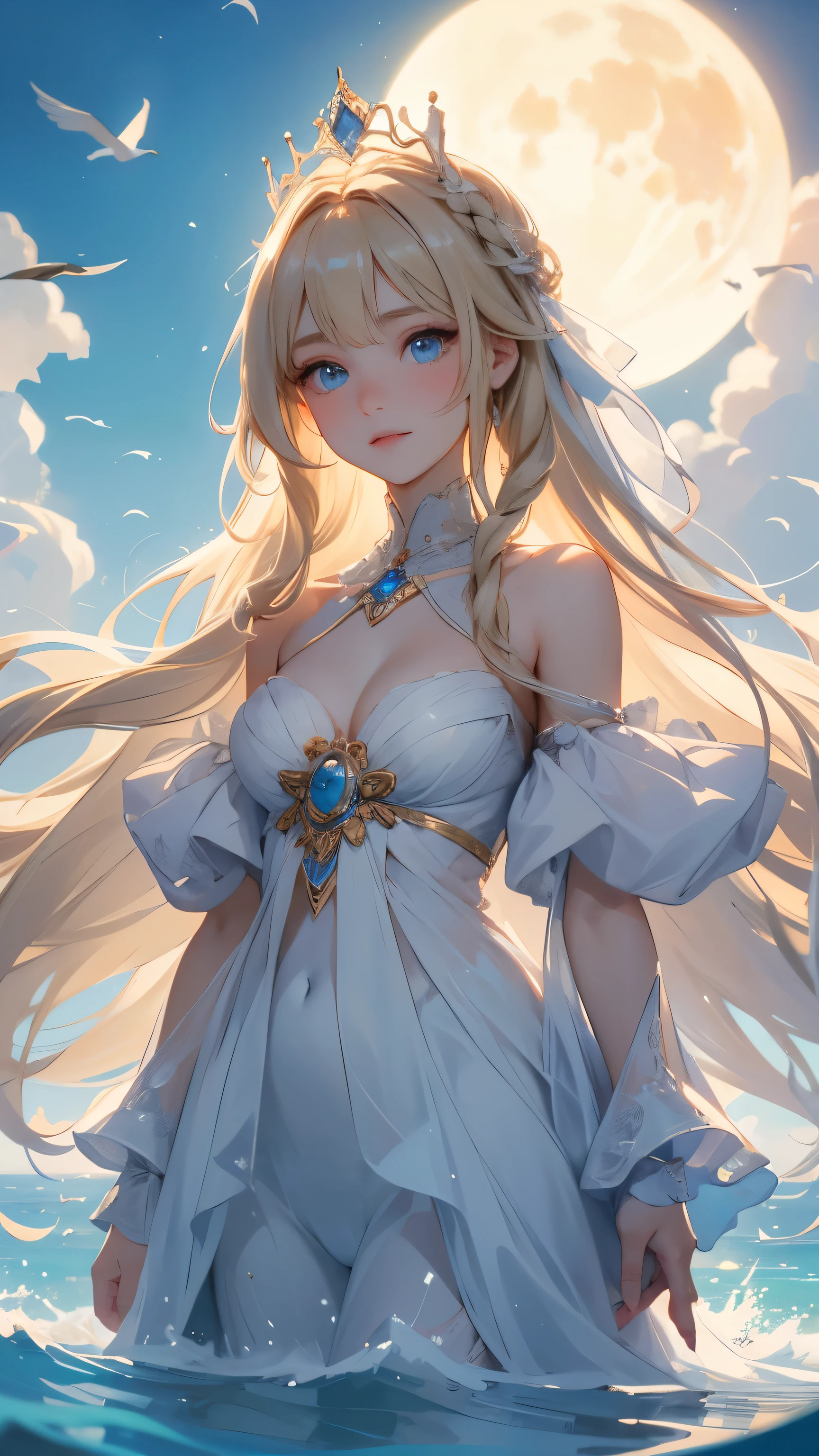 ,((highest quality))),8k,((masterpiece)),(Very sophisticated and beautiful), A completely naked girl emerges from the sea, The Swan Princess of Russian Mythology, Beautiful calm face, blue eyes, Long blonde hair braided, Moon braid at the back of the head, With a kokoshnik crown on his head, Loving eyes, Half-laugh, There was a gentle look on his face, Background seascape and sunlight, Seagulls in the sky, full length, realism,Completely naked