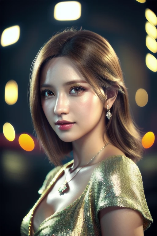 a beautiful russian woman in her 20s, light brown hair, fine white skin, attractive face, tight waist, cleavage, wearing stylish clothes and necklace, detailed eyes, nose, lips, long eyelashes, perfectly balanced body, rough hairstyle, (best quality,8k,highres,masterpiece:1.2),ultra-detailed,(realistic,photorealistic,photo-realistic:1.37),HDR,UHD,studio lighting,ultra-fine painting,sharp focus,physically-based rendering,extreme detail description,professional,vivid colors,bokeh,portrait,beautiful night scenery,future city,final fantasy yuna