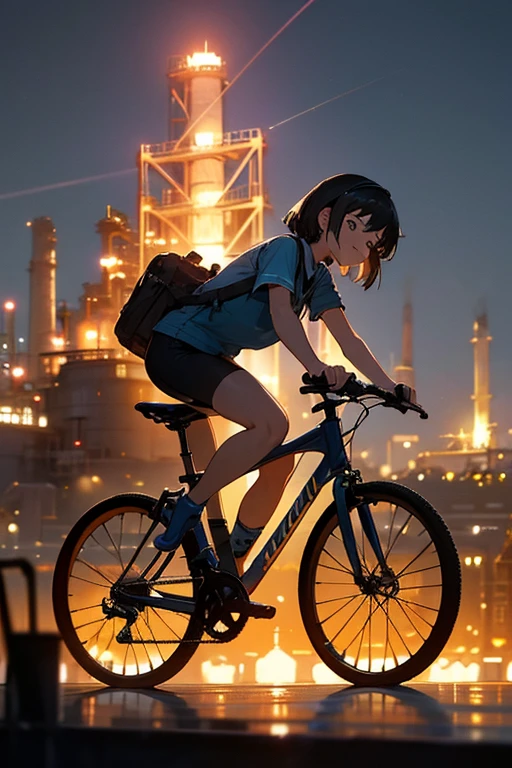 a girl rides a bicycle, in running shorts, short shorts, a large oil refinery lit up at night, a tilt shift photo, by Ulrich Leman, pexels contest winner, photorealism, nagasaki, tectonic cityscape, detailed photo of virtual world, happy birthday
