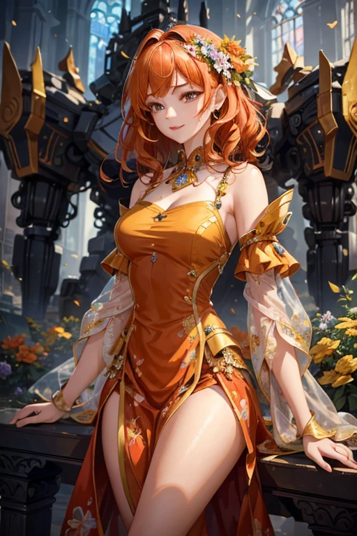 (masterpiece:1.4) - "Stunning, Hyper-Detailed, and Extremely Complicated Fantasy Scene:
A solitary figure of perfection, gracefully seated, is the main subject of this masterpiece. Her flowy, orange hair adorned with delicate flowers cascades down her shoulder, framing her radiant face and beautiful smile.

Dressed in a fabric that catches the eye with its intricate patterns and detailed weaves, she is positioned in a mesmerizing environment. From the side, her body is bent in a captivating manner, accentuated by the soft lighting that bathes the scene.

In the background, the scene is filled with
