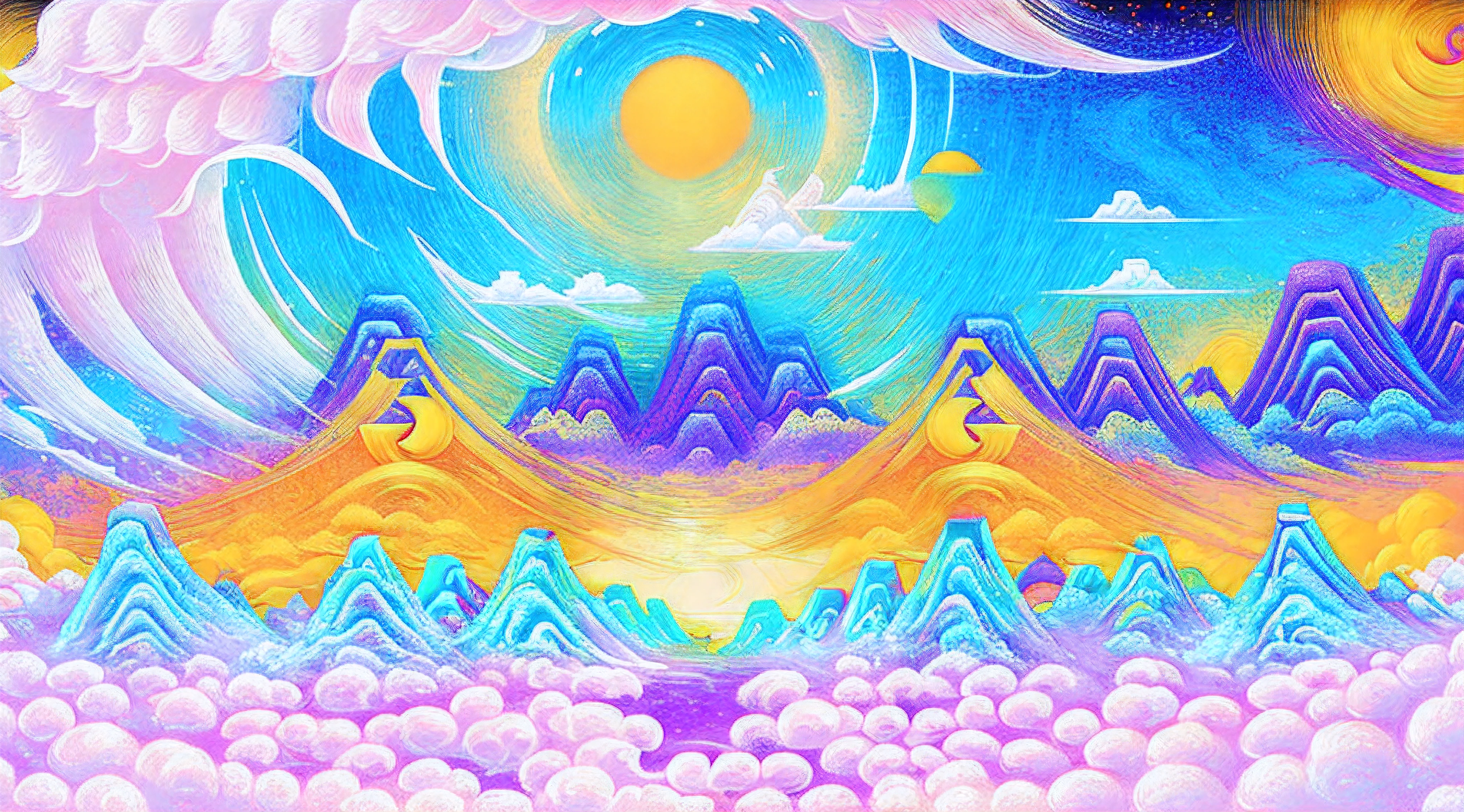 Large areas of white space,Oriental aesthetics,New Chinese,geometric figure,Flat illustration,surrounded by cloud,Large area of white clouds,Low saturation colors,In the gap between the clouds,Reveals a mountain peak and,Maximalism,zen feeling,Parallel perspective,symetrical composition,Faraway view,Golden section,k hd